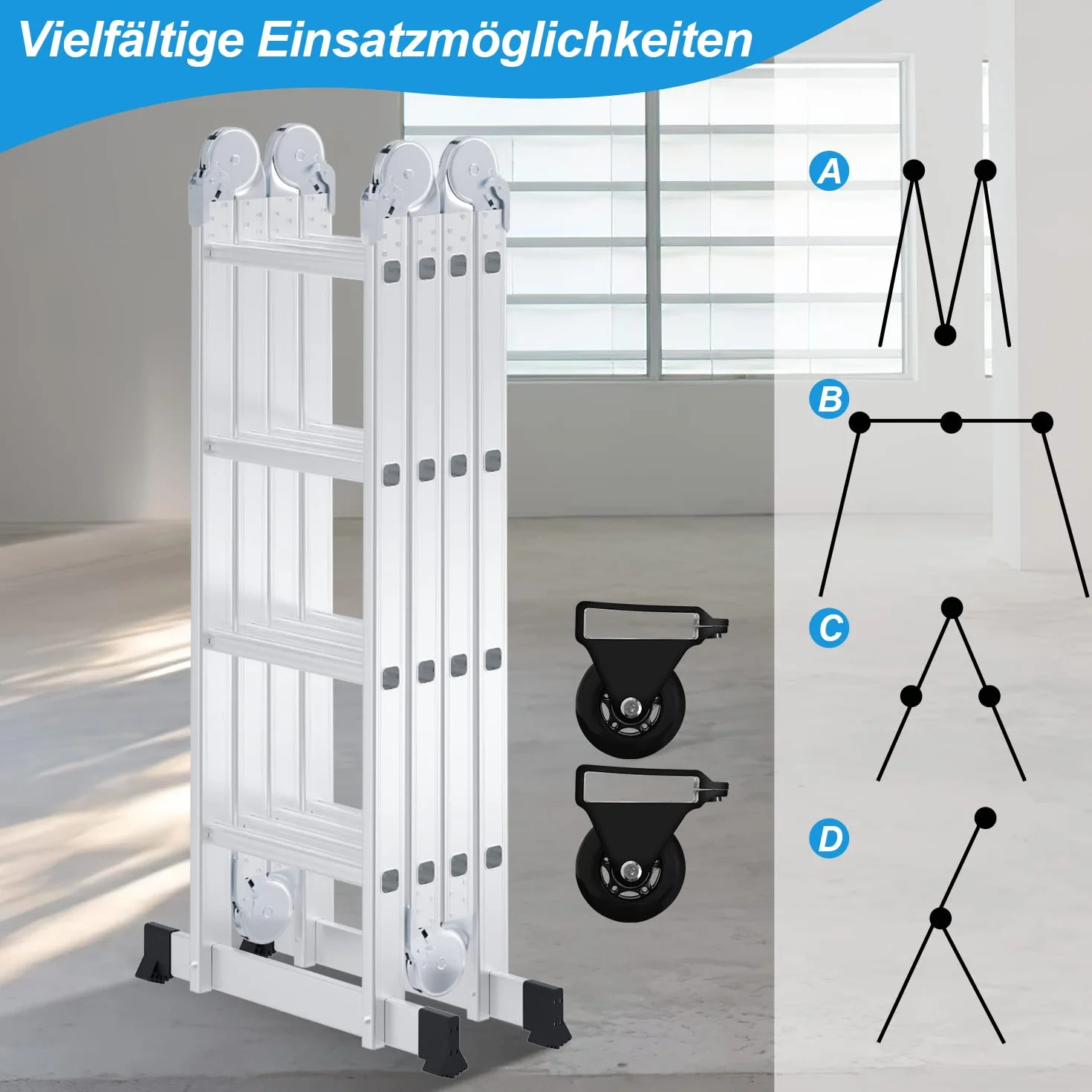 Ikodm 4,7 m 4 x 4 stopnie aluminiowa drabina wielofunkcyjna, z platformą, drabina z 2 płytami rusztowania, drabina do 150 kg, drabina wielofunkcyjna, składana drabina 16 stopni, srebrna