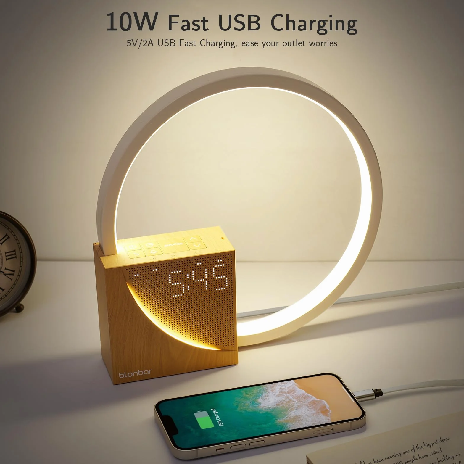 Blonbar 10W Lampka Nocna z Ładowaniem USB, Budzik Wake Up Light, Sterowanie Dotykowe, Ściemnialna Lampka Stołowa