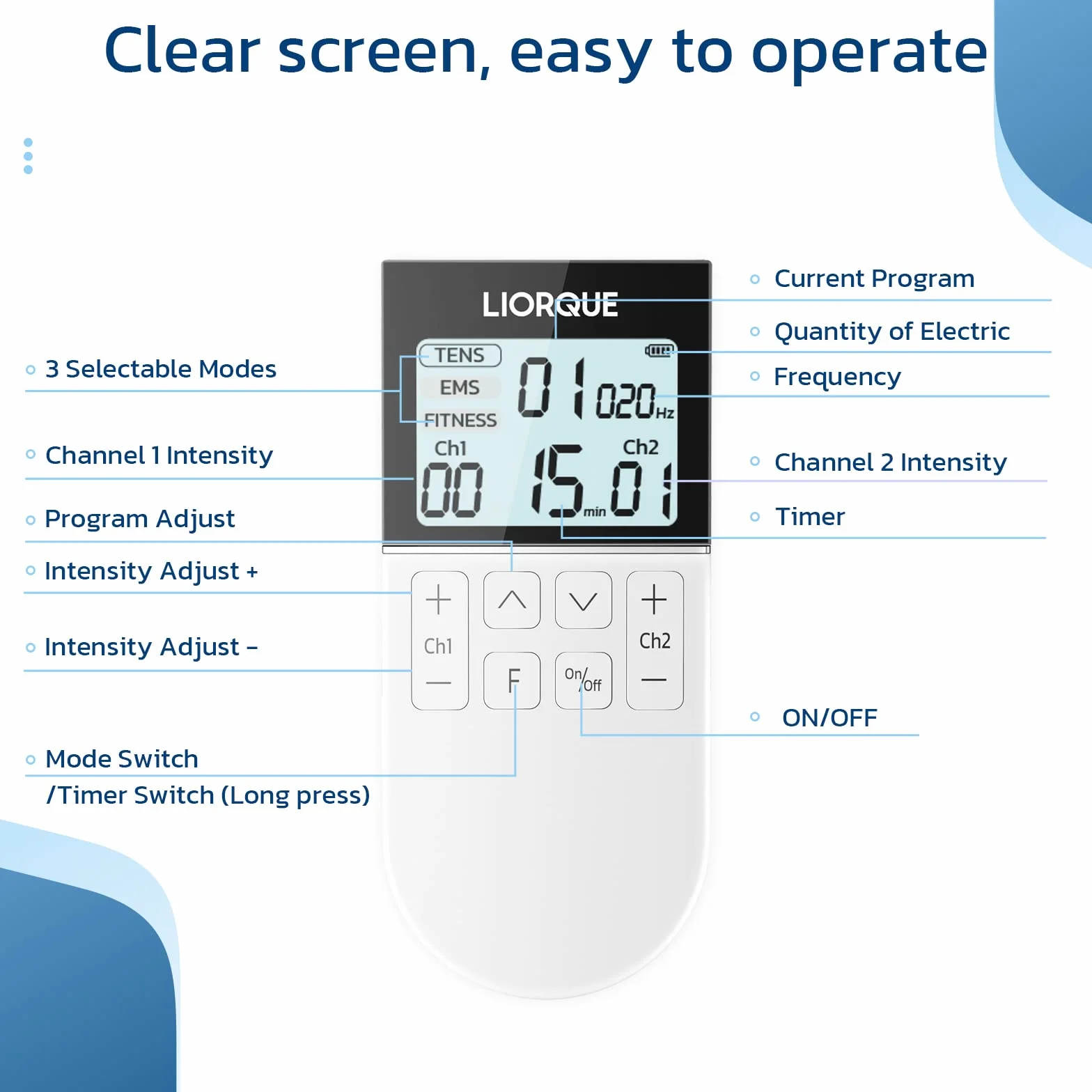 LIORQUE TENS/EMS stymulator mięśni 3 w 1, 50 trybów, 10 elektrod, 16 poziomów