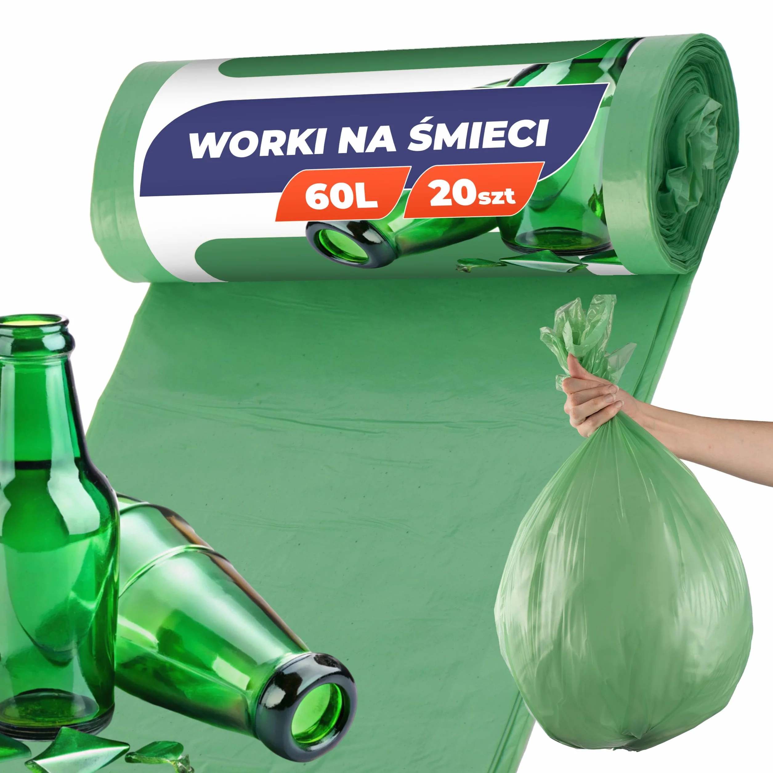 Worki do Segregacji Śmieci Zielone MOCNE 60L Rolka 20 szt Wytrzymałe Worki na Odpady Segregacyjne Materiał LDPE Worki w Rulonie do Pracy, Domu, Garażu Torby na Odpady