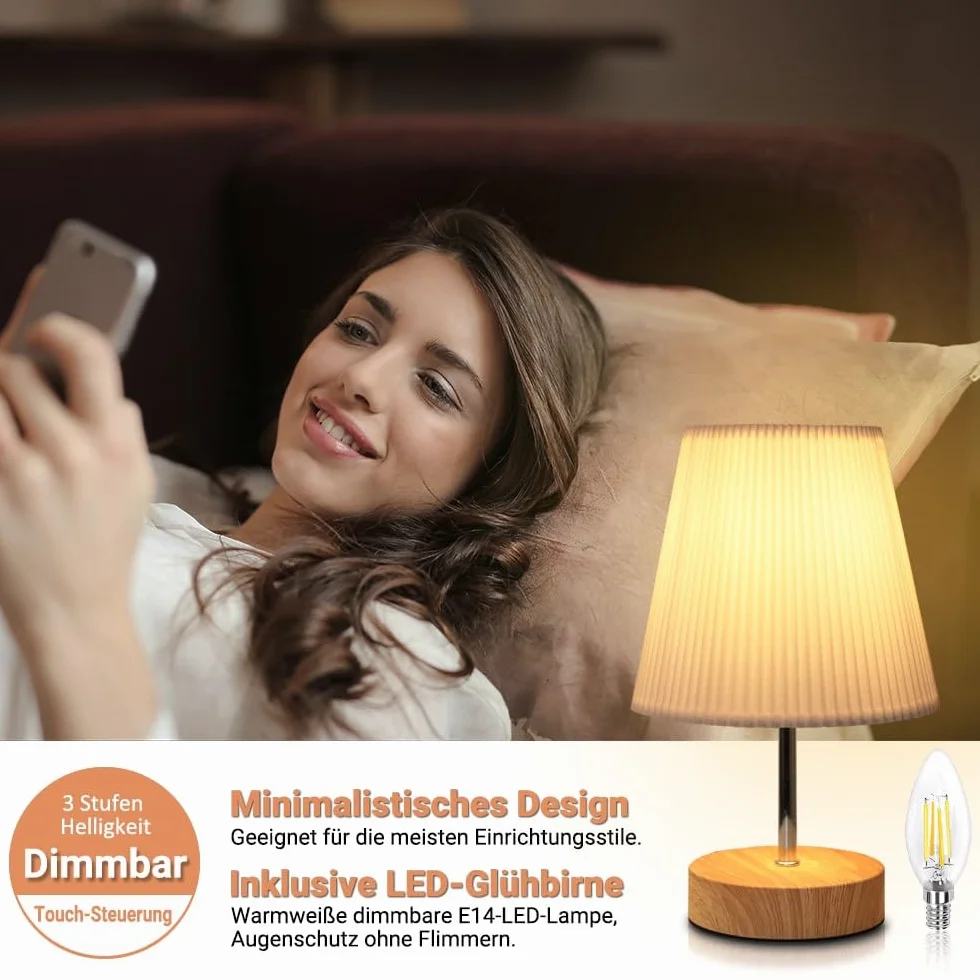 HSLighting Lampka nocna dotykowa ściemniana: lampa stołowa dotykowa ściemniana żarówka 3 poziomy jasności, regulowana lampa biurkowa, minimalistyczna do czytania, salon