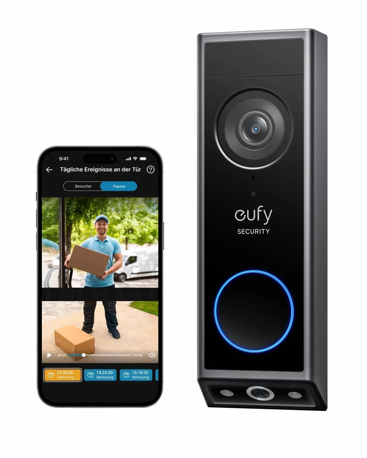 eufy Security Video Doorbell E340 Podwójne kamery z osłoną dostawy, Bezprzewodowa kamera wideodomofonowa 2K Full HD, przewodowa lub zasilana bateryjnie, kolorowy noktowizor(odnowiona)