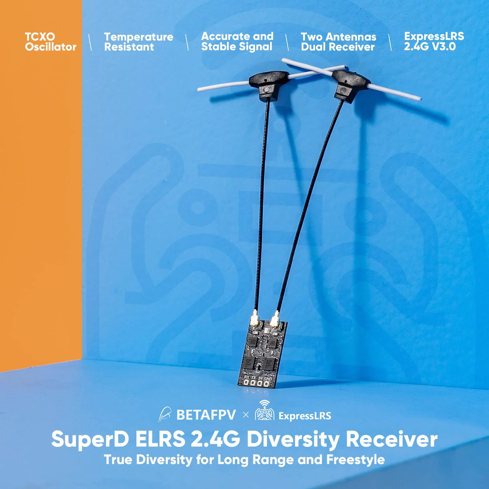 BETAFPV SuperD ELRS odbiornik różnorodności z podwójnym odbiornikiem, łańcuch z 2 antenami, TXCO Tech Support, protokół CRSF, latający aerial