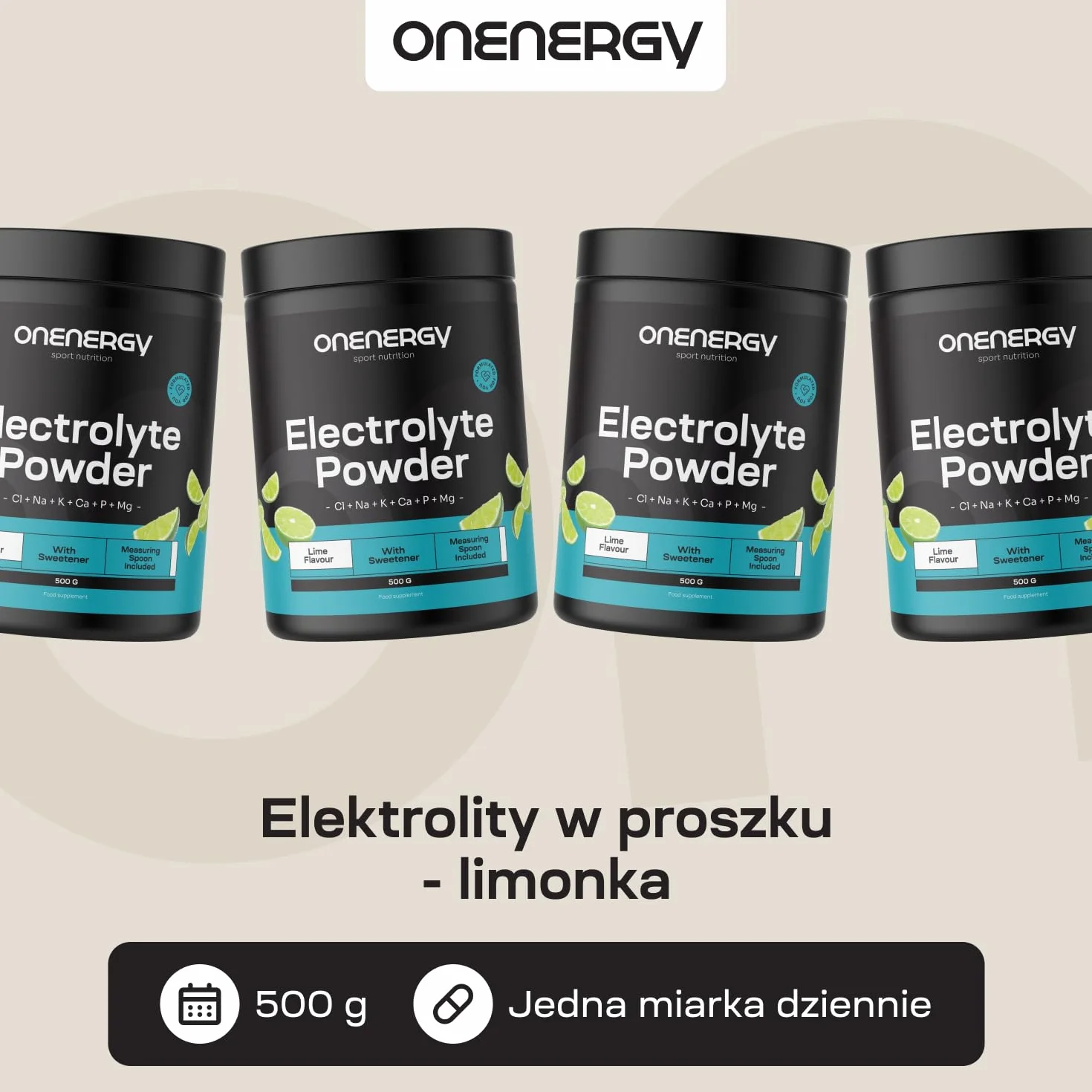 OnEnergy Elektrolity w proszku Limonka 500 g 142 porcje Mieszanka 6 minerałów Nawodnienie Wsparcie mięśni i nerwów