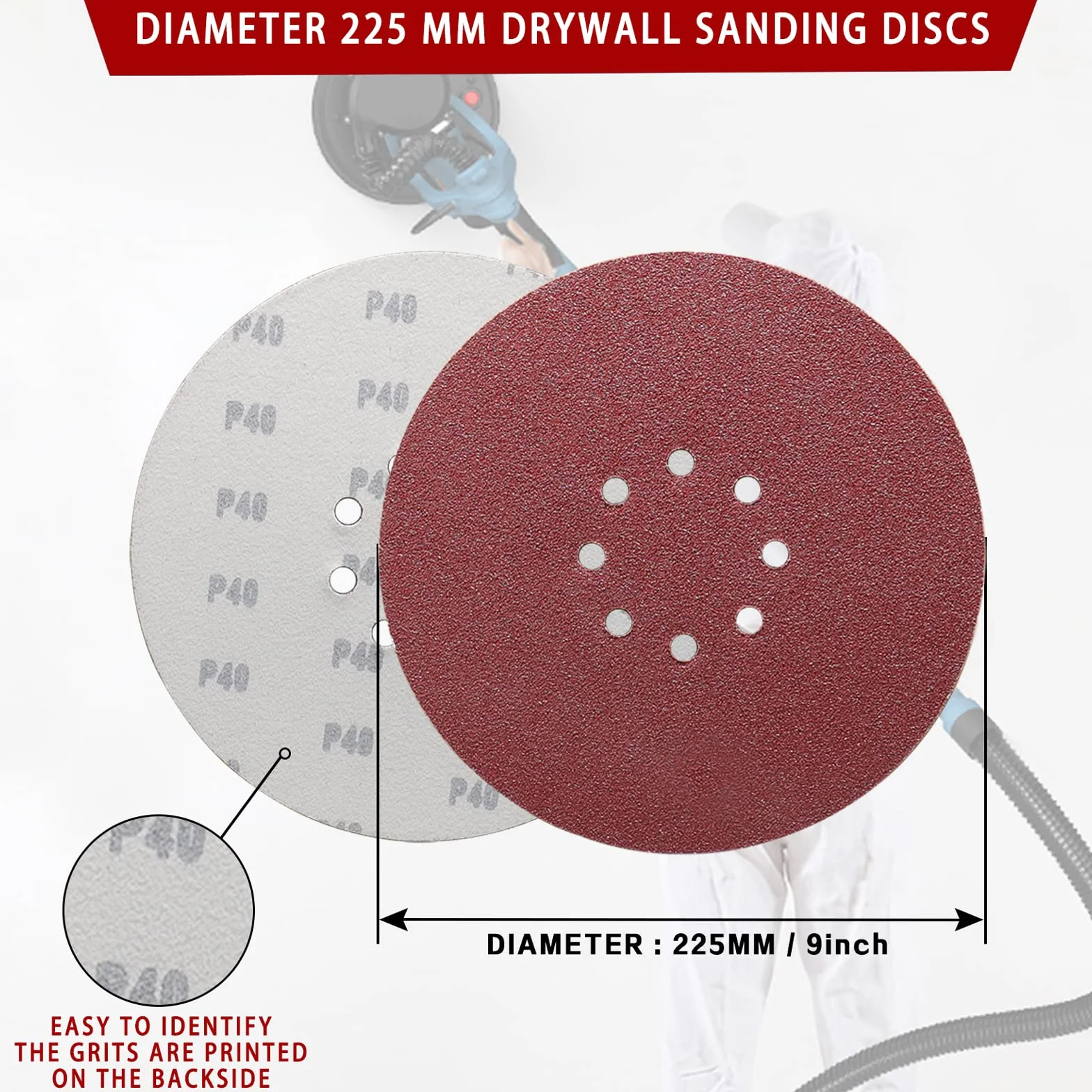 STEBRUAM Tarcze szlifierskie 225 mm, o ziarnistości 40, 30 x 22,9 cm, 225 mm, okrągłe tarcze szlifierskie, 8 otworów, do żyrafy, płyt kartonowo-gipsowych