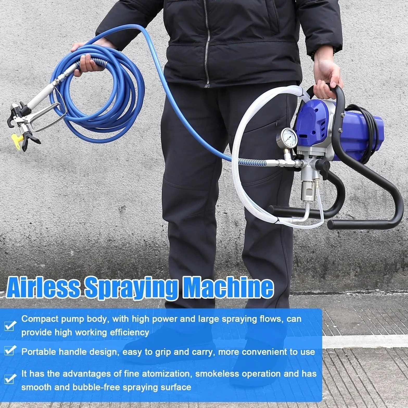 Wysokociśnieniowy bezpowietrzny rozpylacz elektryczny 750 W z wężem 10 m, 6000 PSI, manometr, 1,2 l/min (biały) (drewno)