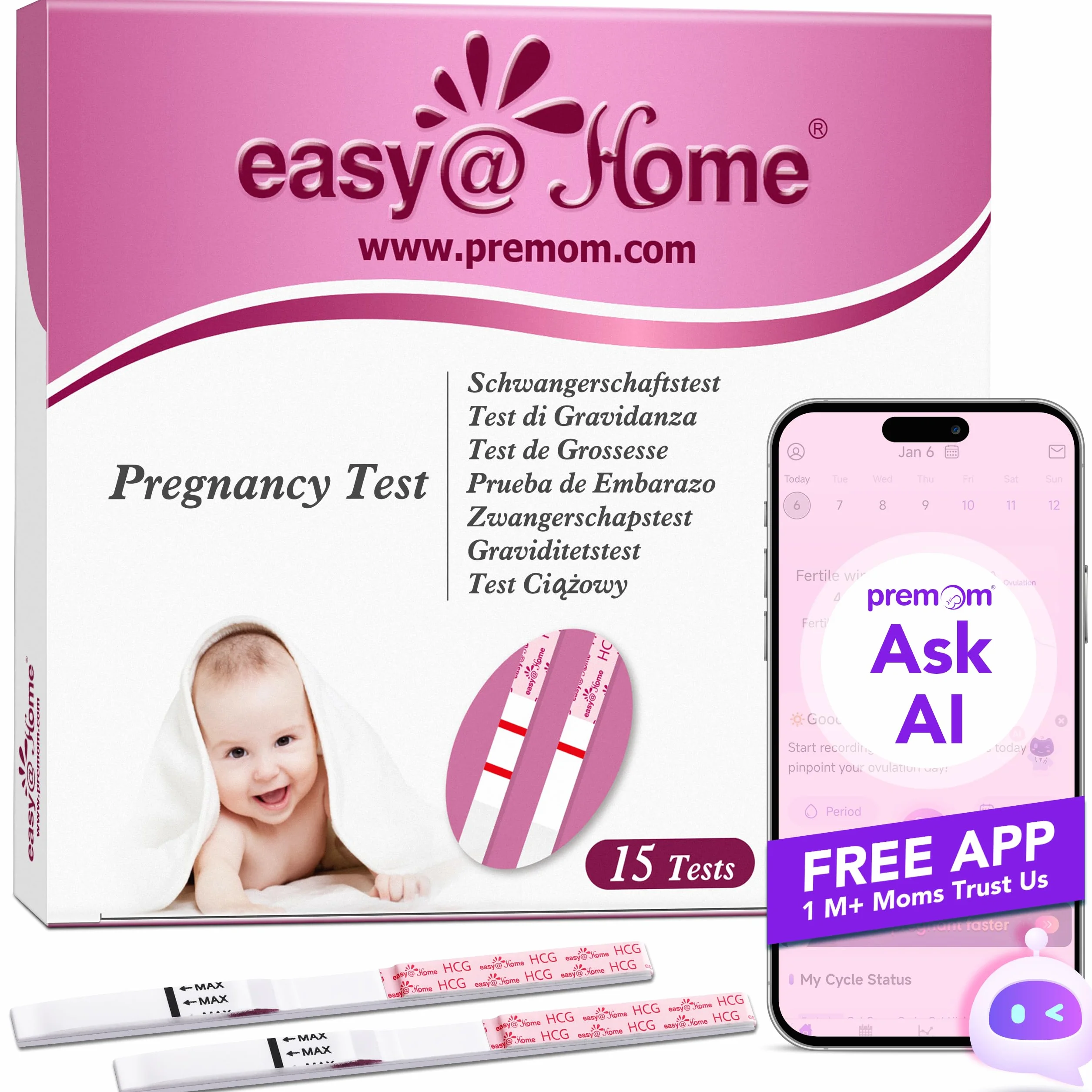 Easy@Home 15 czułych testów na wczesną ciążę: szybki test hCG w moczu 10 mIU/ml z inteligentną aplikacją Premom丨Strip Pregnancy Test.