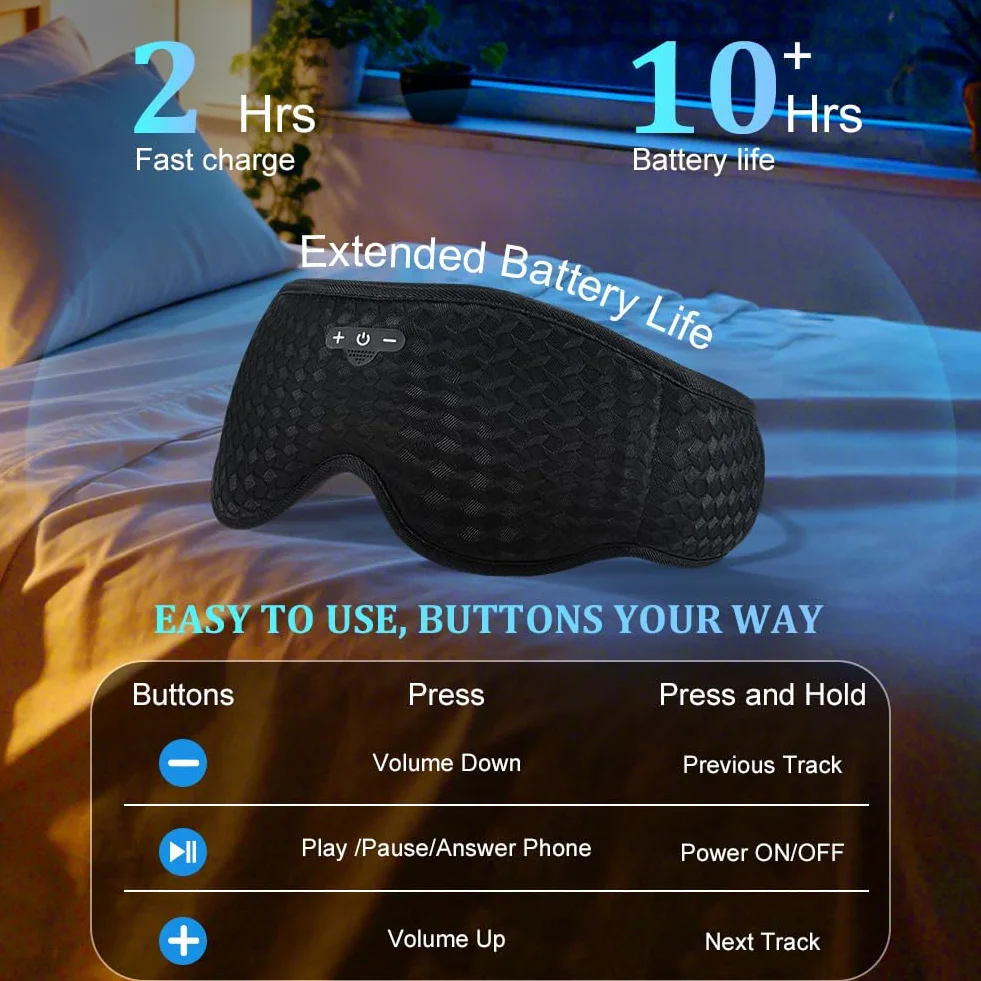 Bluetooth maska do spania 3D Zero ciśnienia oczu V5.4 10H oddychająca zaciemniająca