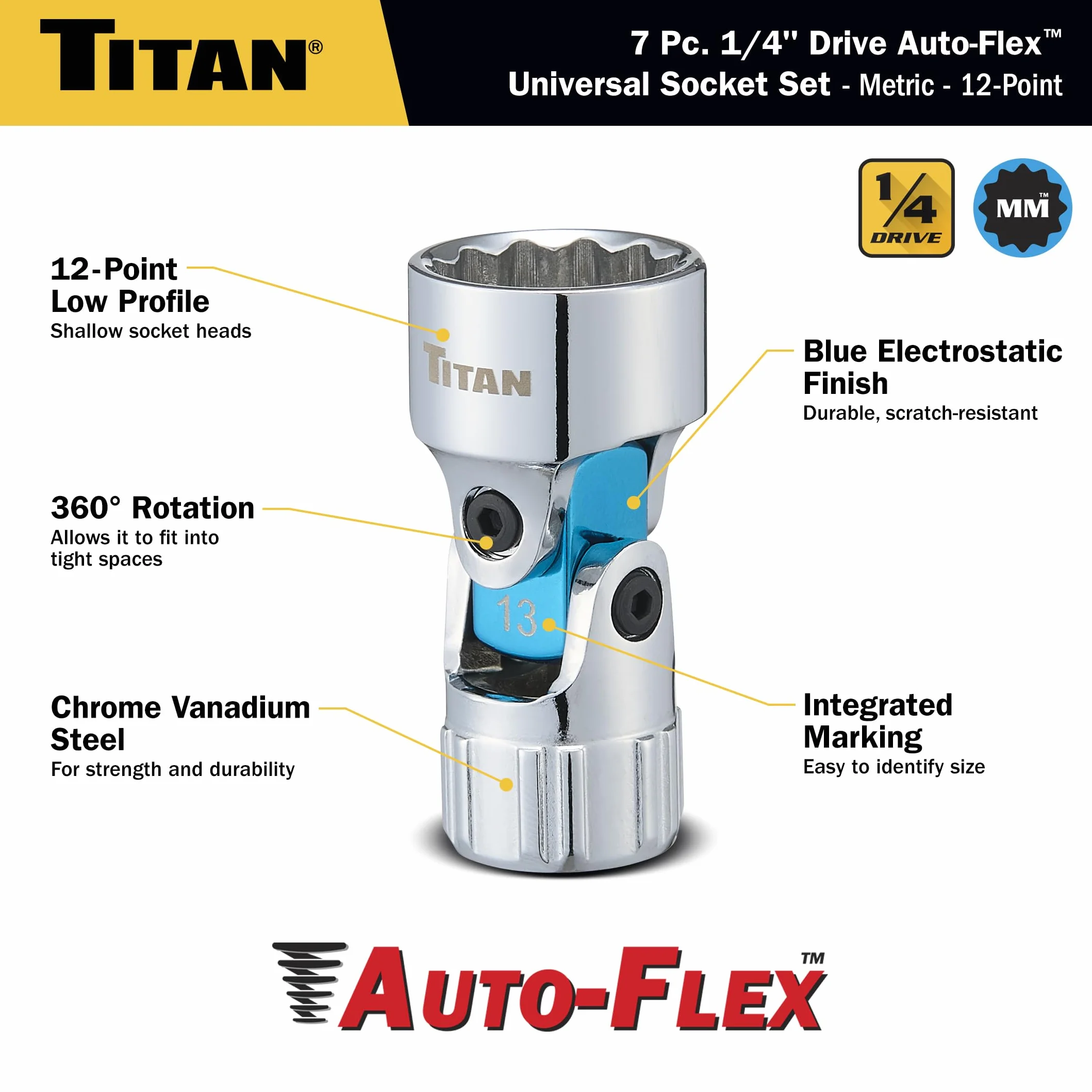 Titan 66840 7-częściowy uniwersalny zestaw nasadek z napędem 1/4-calowym metrycznym Auto Flex