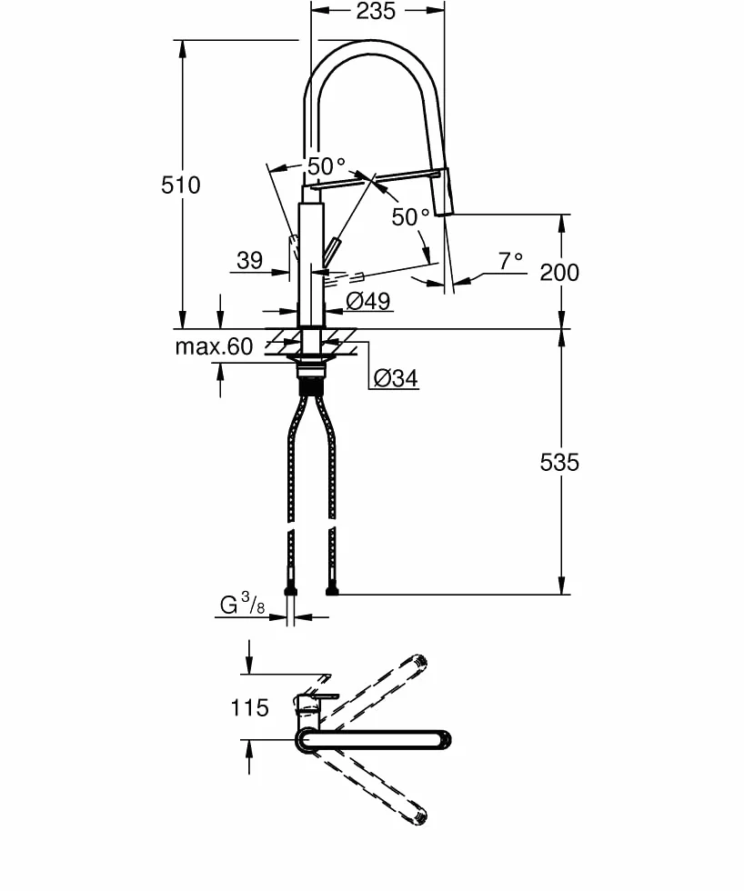 GROHE Feel - profesjonalny kran mieszający do zlewu kuchennego (obrotowa wylewka 360°, wysoka wylewka, 2 opcje natrysku, wkład ceramiczny 28 mm, zintegrowany magnes dokujący, ogony 3/8 cala), rozmiar 510 mm, chromowany, 31489000