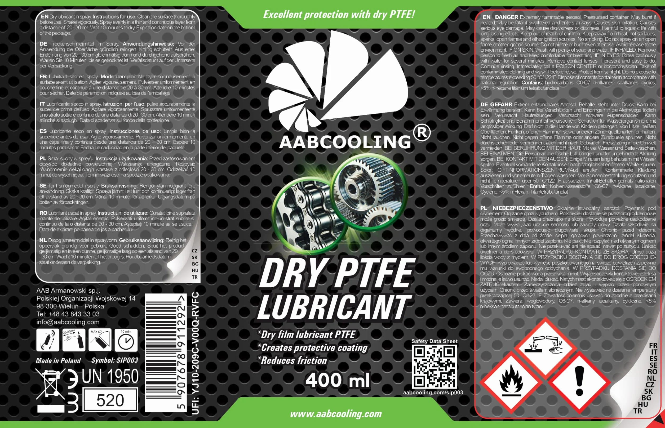 AABCOOLING Dry PTFE Lubricant 400 ml – smar teflonowy do narzędzi elektrycznych i mechanicznych w spreju, do prowadnic, szyn i plastikowych elementów ślizgowych – redukuje tarcie