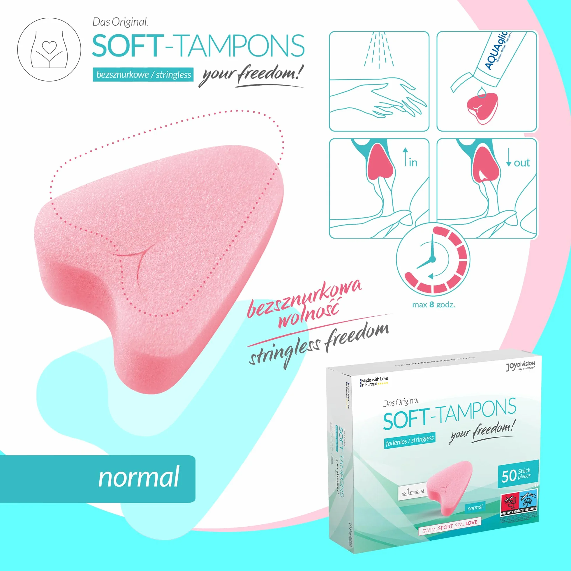 JOYDIVISION Soft-Tampons normal 50 sztuk Tampony bez sznurka gąbeczka menstruacyjna ultra soft
