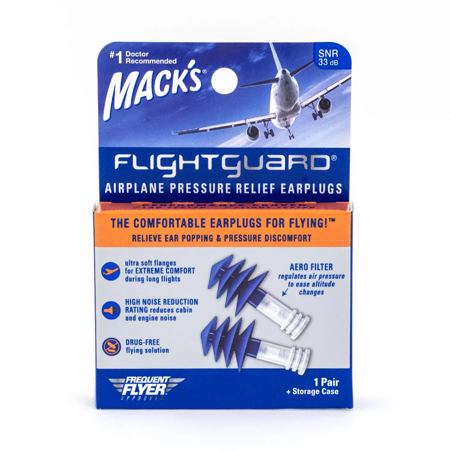 Mack's Flightguard Airplane zatyczki do uszu redukujące ciśnienie 26 dB NRR 33 dB SNR