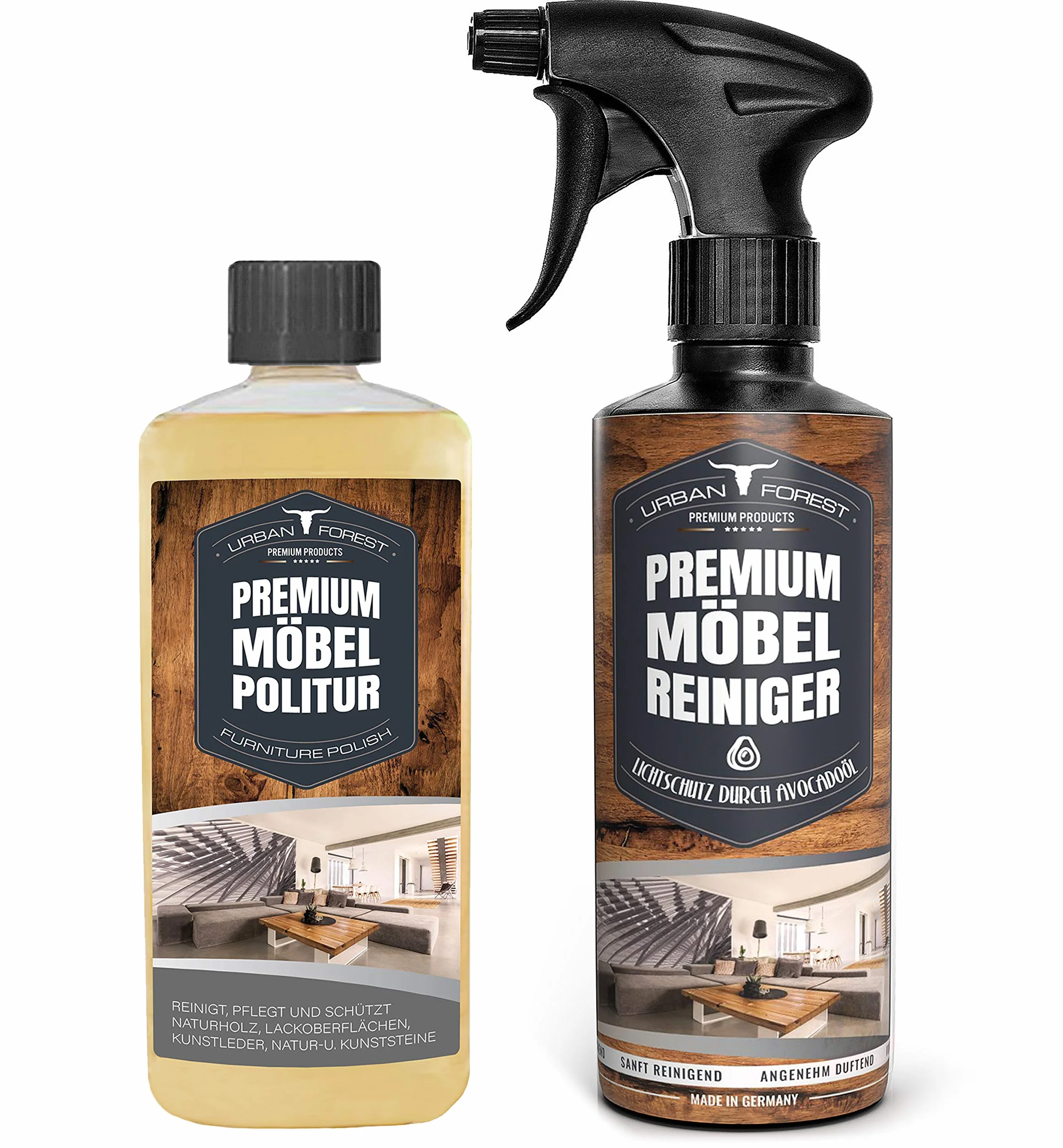 Urban Forest środek premium do czyszczenia mebli i politura do mebli, 2 x 500 ml, domowy środek czyszczący do czyszczenia i pielęgnacji powierzchni mebli i skórzanych, 2 sztuki, 500 ml.