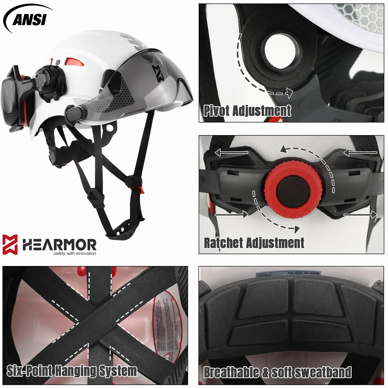 HEARMOR Kask ochronny 3 w 1 z ochroną słuchu i wizjerem, kask roboczy z certyfikatem EN 397 do prac leśnych, budowlanych i wspinaczkowych, łącznie z przenośną torbą i chłodzącą wkładką do kasku