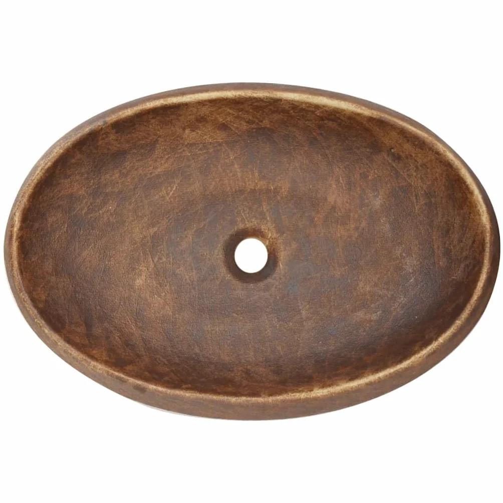 Umywalka nablatowa brązowa owalna z ceramiki 59 x 40 x 15 cm z otworem na kran 4,5 cm do łazienki dla gości, WC