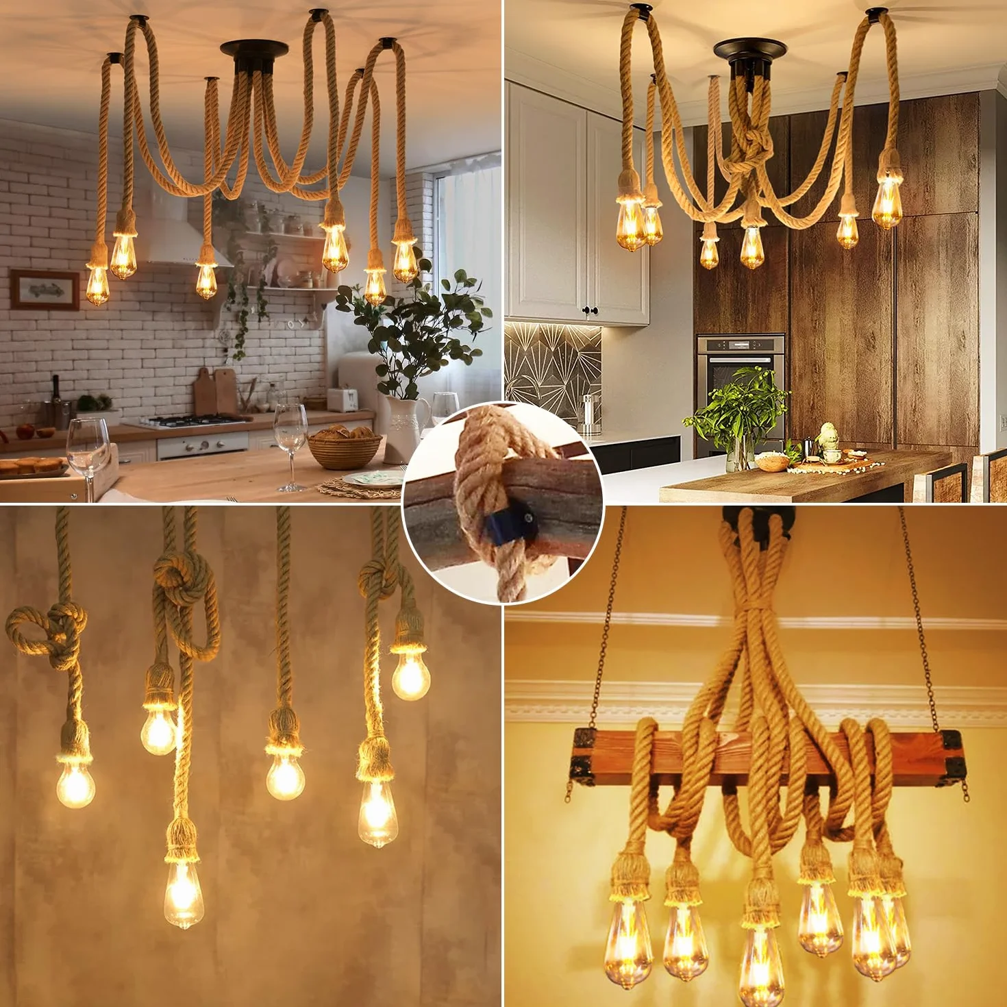 ANWIO Lampa sufitowa z liny konopnej, pająk, żyrandol, lina konopna, "zrób to sam", lampa sufitowa retro, lampa wisząca E27, do jadalni, salonu, jadalni, hotelu, dekoracja (6 żarówek)