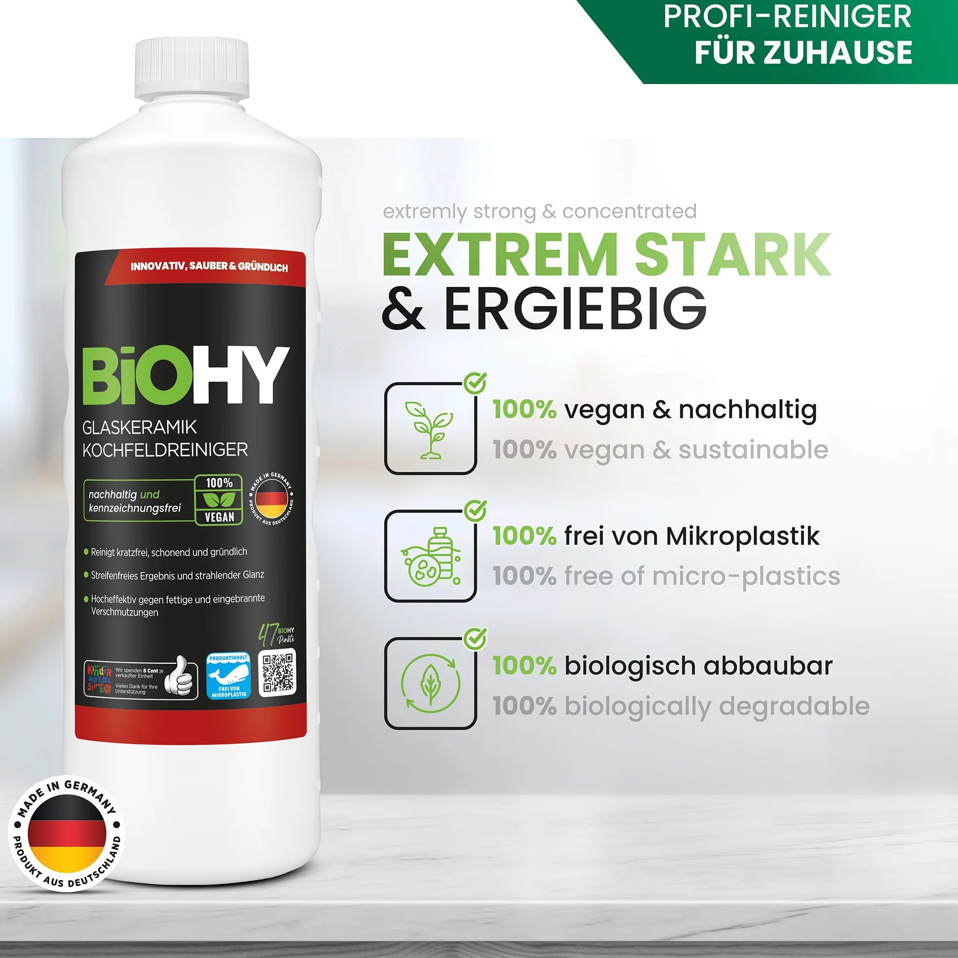 BiOHY Środek do czyszczenia płyt szklano-ceramicznych (butelka 1l) | Do czyszczenia i konserwacji płyty kuchennej i indukcyjnej | do WSZYSTKICH URZĄDZEŃ (Kochfeldreiniger)