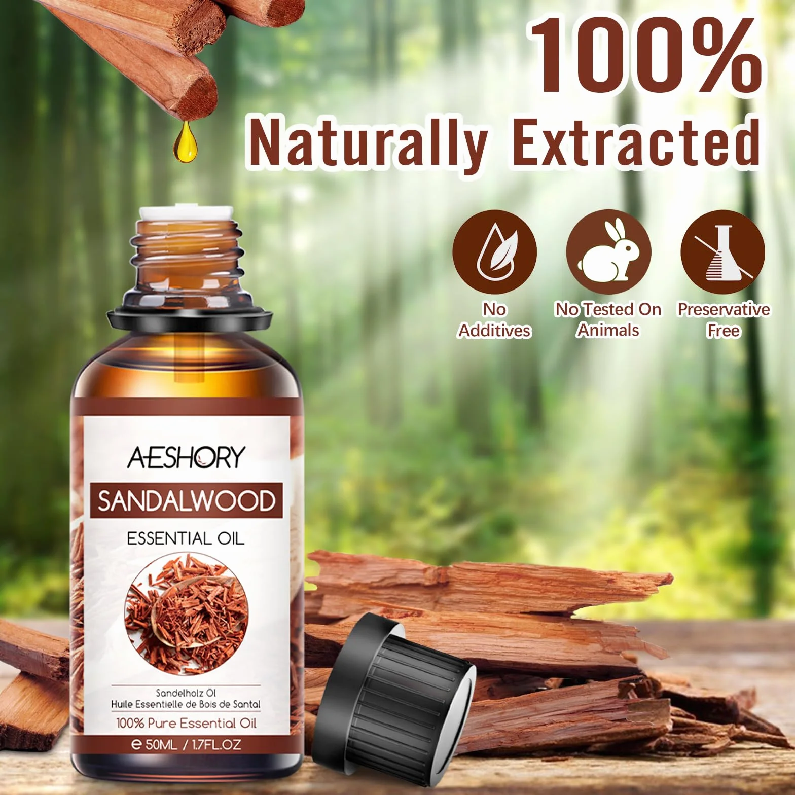 Aeshory Olejek Eteryczny Z Drzewa Sandałowego 50 ml, 100% Czysty, Naturalny Olejek Sandałowy, Idealny Do Dyfuzora, Nawilżacza Powietrza, Aromaterapii, Relaksu, Pielęgnacji Skóry, Perfum I Wyrobu Świec