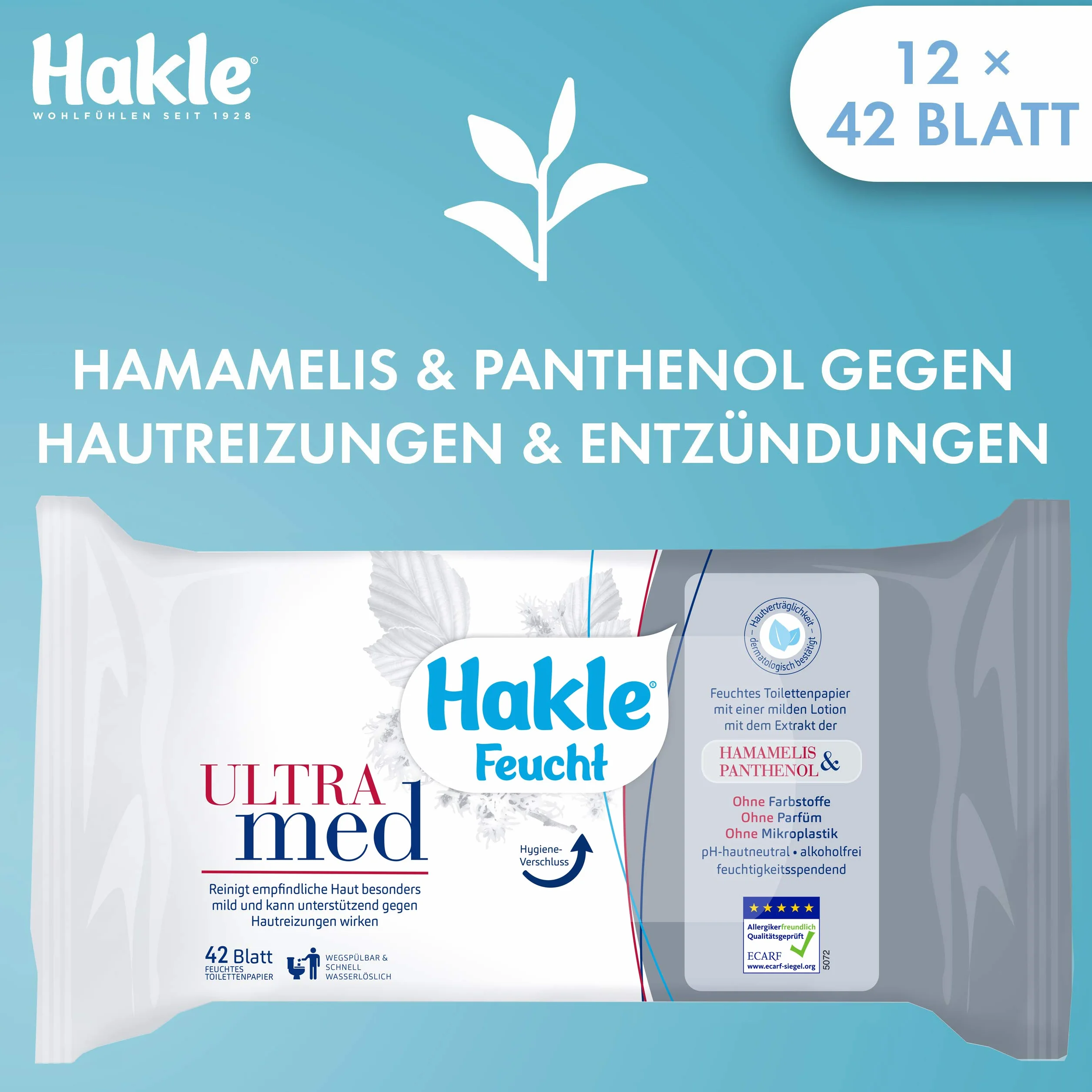 Hakle Wilgotny papier toaletowy Ultra Med, 12 sztuk (12 x 42 arkuszy), pielęgnujący wilgotny papier toaletowy, przyjazne dla skóry wilgotne chusteczki, szybko rozpuszczalne w wodzie chusteczki