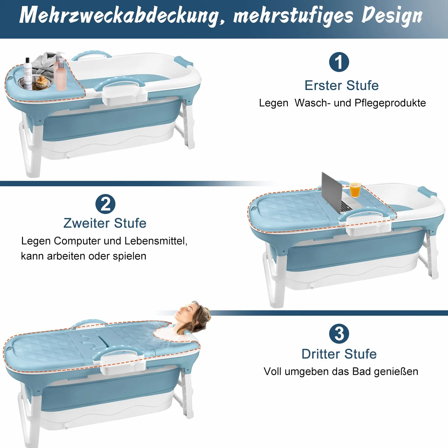 Składana wanna dla dorosłych, 118 x 62 x 52 cm, składana, z pokrywą, rolkami do masażu i koszem na mydło – mobilna do małych łazienek i SPA