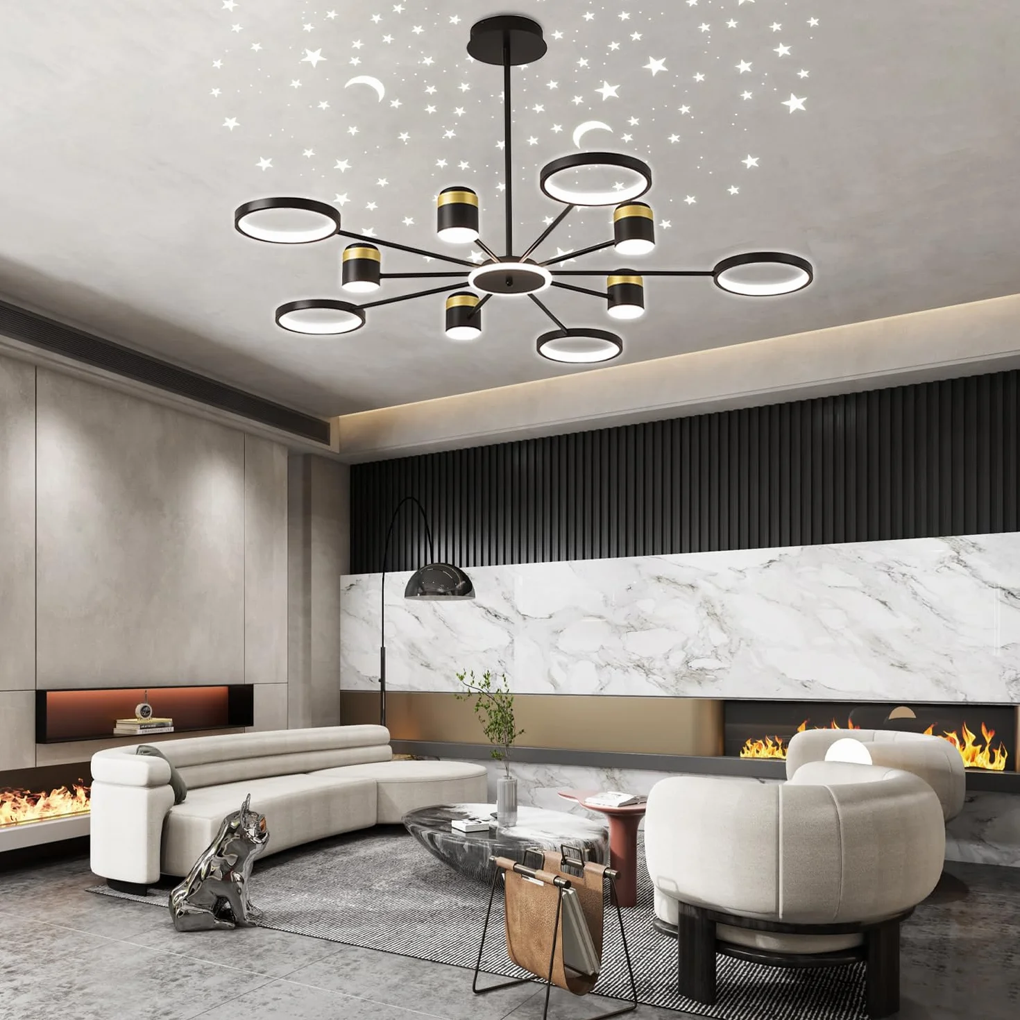 Okrągły żyrandol LED Lampka sufitowa z funkcją ściemniania i pilotem Lampka do salonu Lampka sufitowa do sypialni Lampka wisząca Starlight Nowoczesne lampy sufitowe restauracji i biura (Czarny Φ120cm)