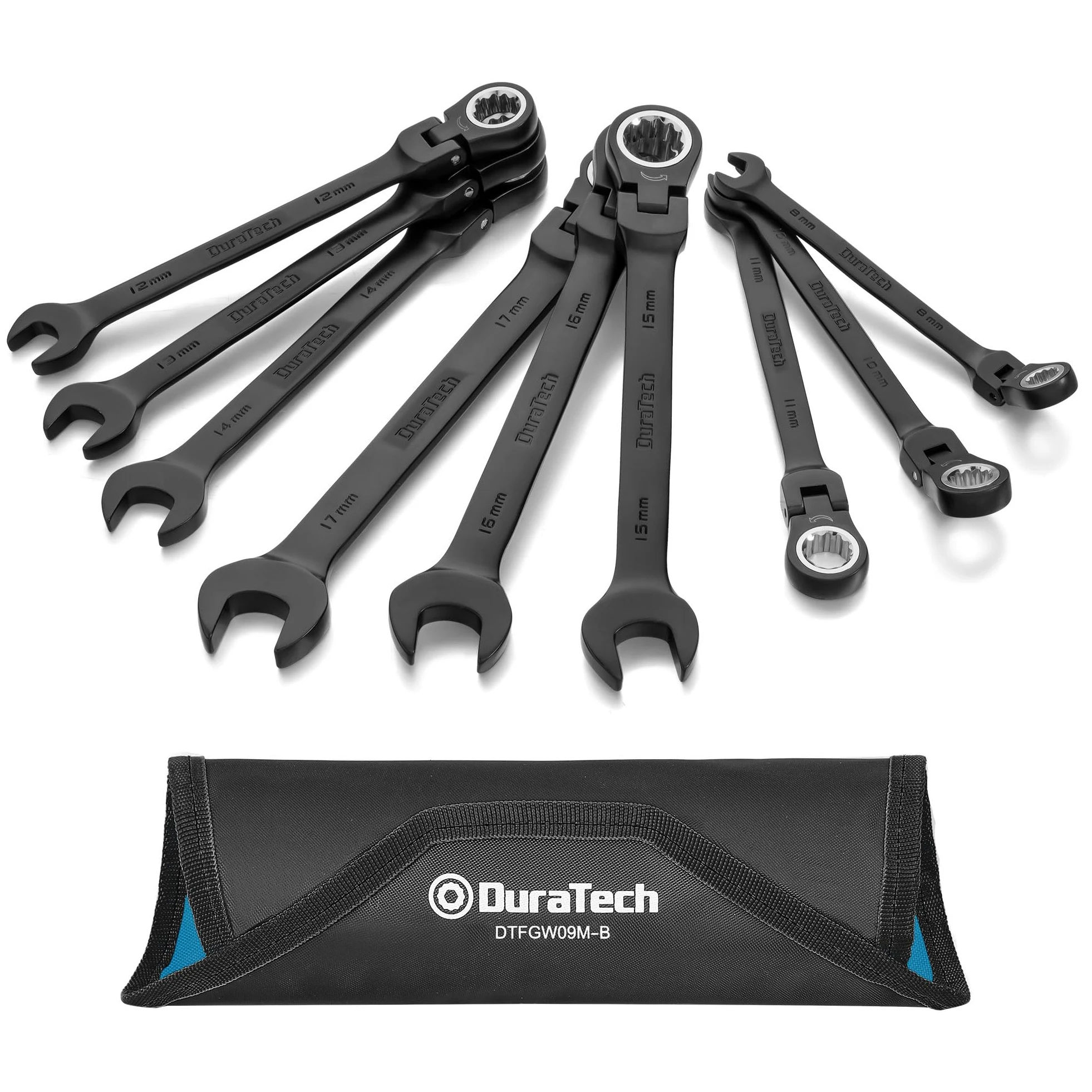 DURATECH 9 szt.Zestaw Kluczy Oczkowo-Płaskich z Grzechotką 8-17 mm, Klucze Metryczne, Stal Cr-V, 72 Zęby, Trwała Powłoka Antykorozyjna, z Etui Rolowanym