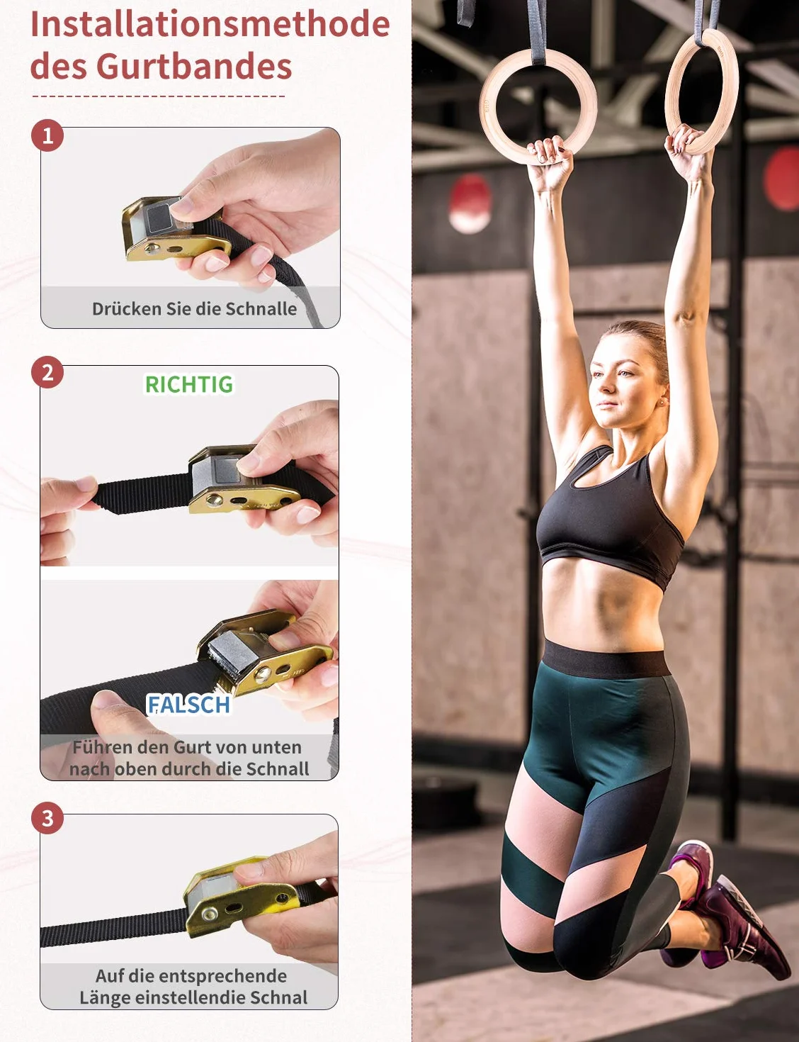 GHB Drewniane pierścienie gimnastyczne z regulowanymi klamrami, do treningu fitness, 28 mm/32 mm