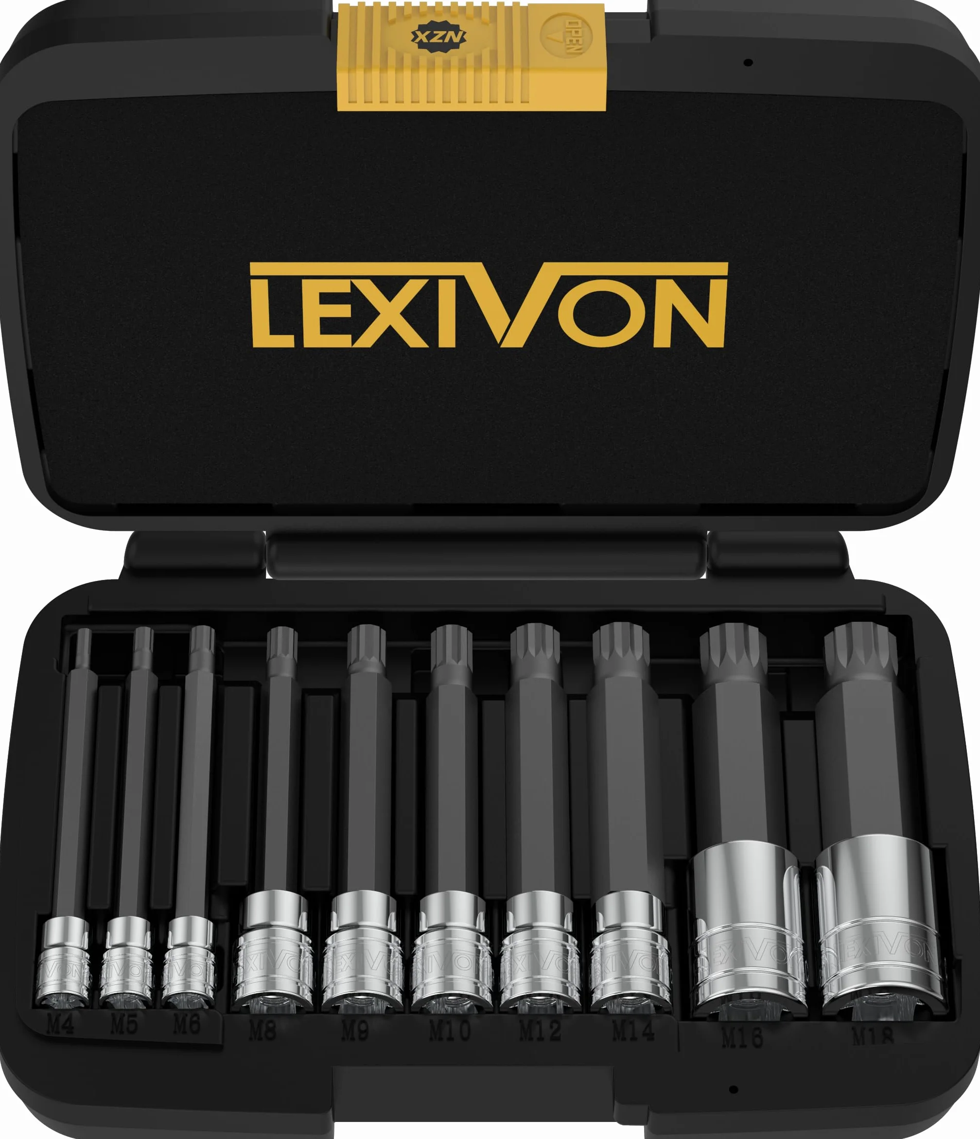 LEXIVON XZN Triple Square Spline Bit Socket Set, Extra Long 4-Inch | 10-Piece European Style M4 - M18, Premium S2 Alloy Steel | Enhanced Storage Case (LX-145L)