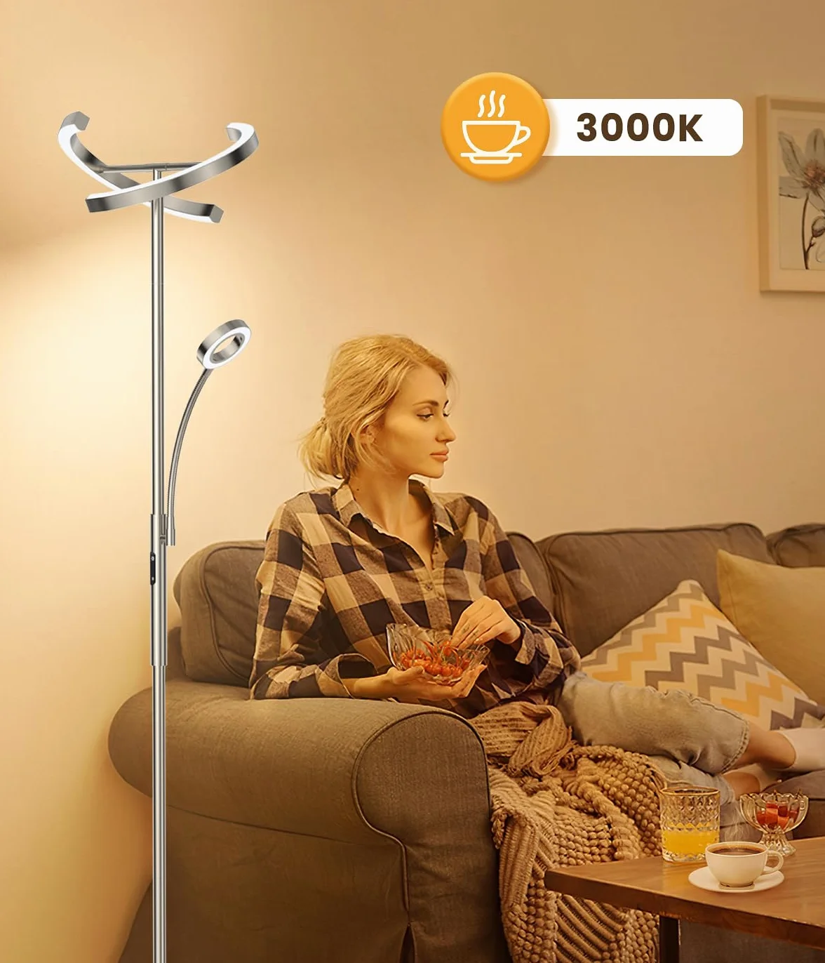 Lampa podłogowa LED z regulacją jasności, 20W. W zestawie elastyczna lampa do czytania 7W. Pilot zdalnego sterowania, 4 temperatury barwowe. Idealna do salonu, sypialni, biura i hotelu