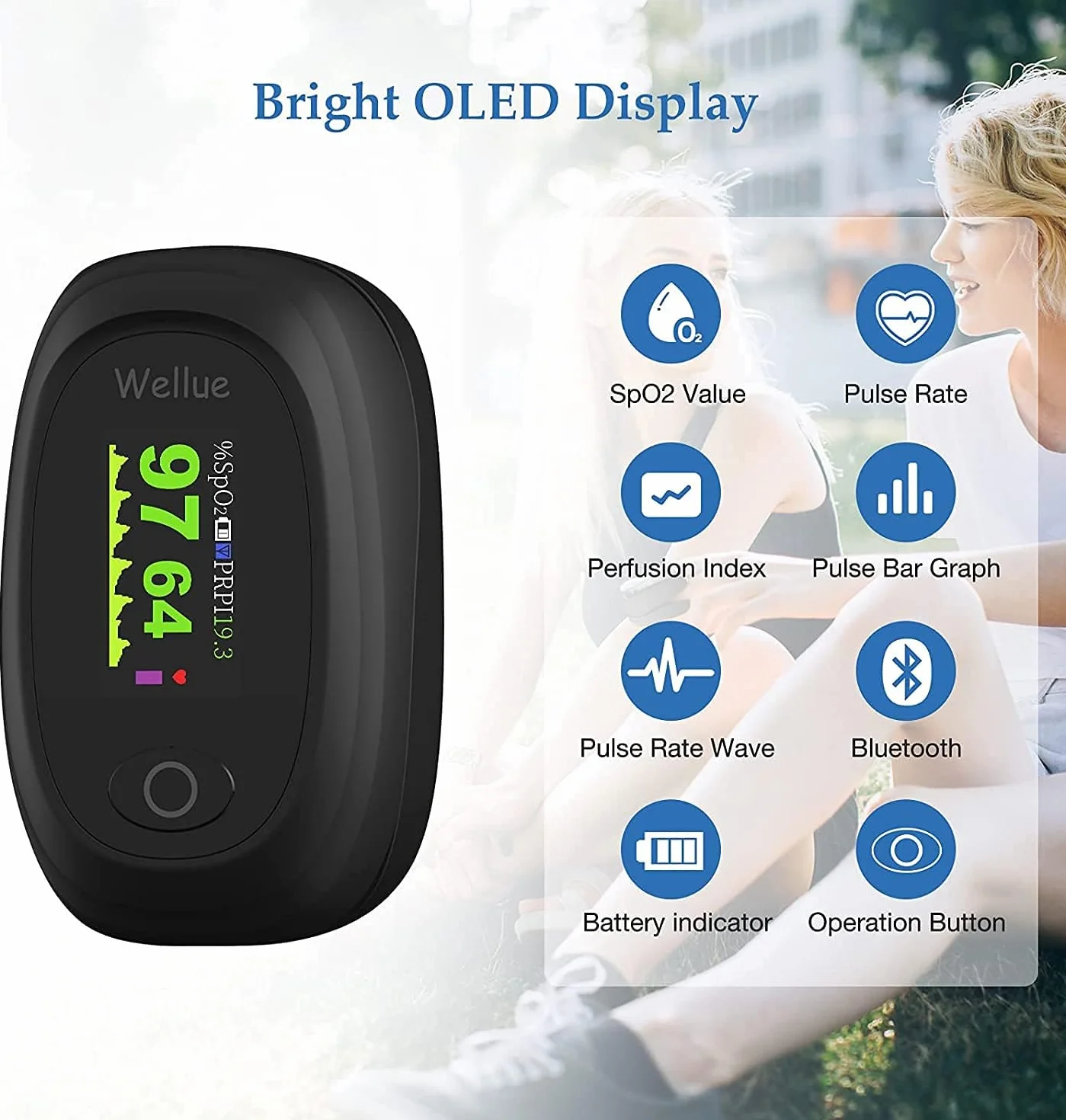 Wellue Pulsoksymetr palcowy z funkcją Bluetooth, monitor tlenu na palcu dla dorosłych z bezpłatną aplikacją, do monitorowania nasycenia krwi tlenem i tętna, z alarmem i baterią