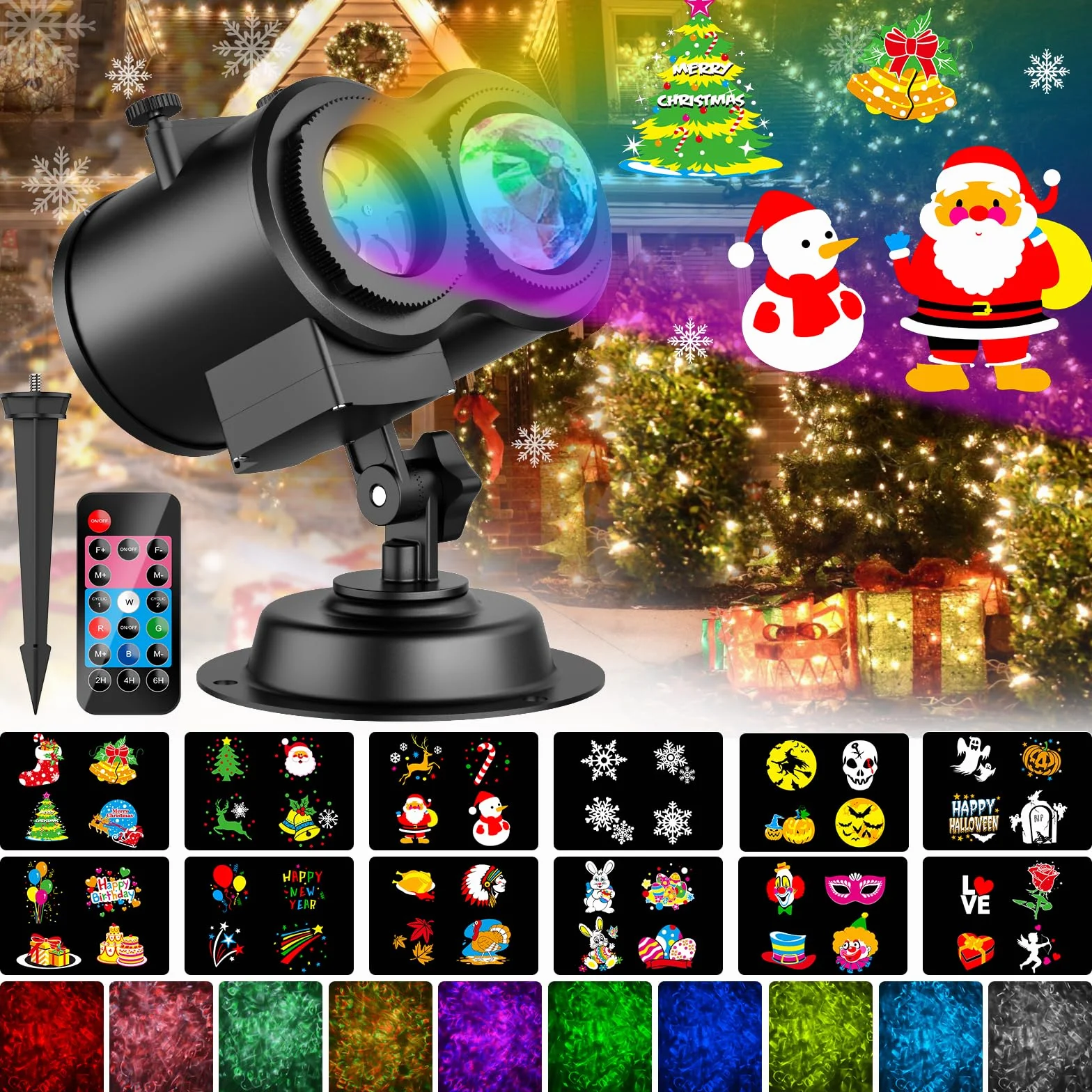 YAZEKY Świąteczne światła projektora, wodoodporna lampa projektora LED z pilotem, zewnętrzne oświetlenie projektora do wnętrz bożonarodzeniowych 12 wzorów dekoracji