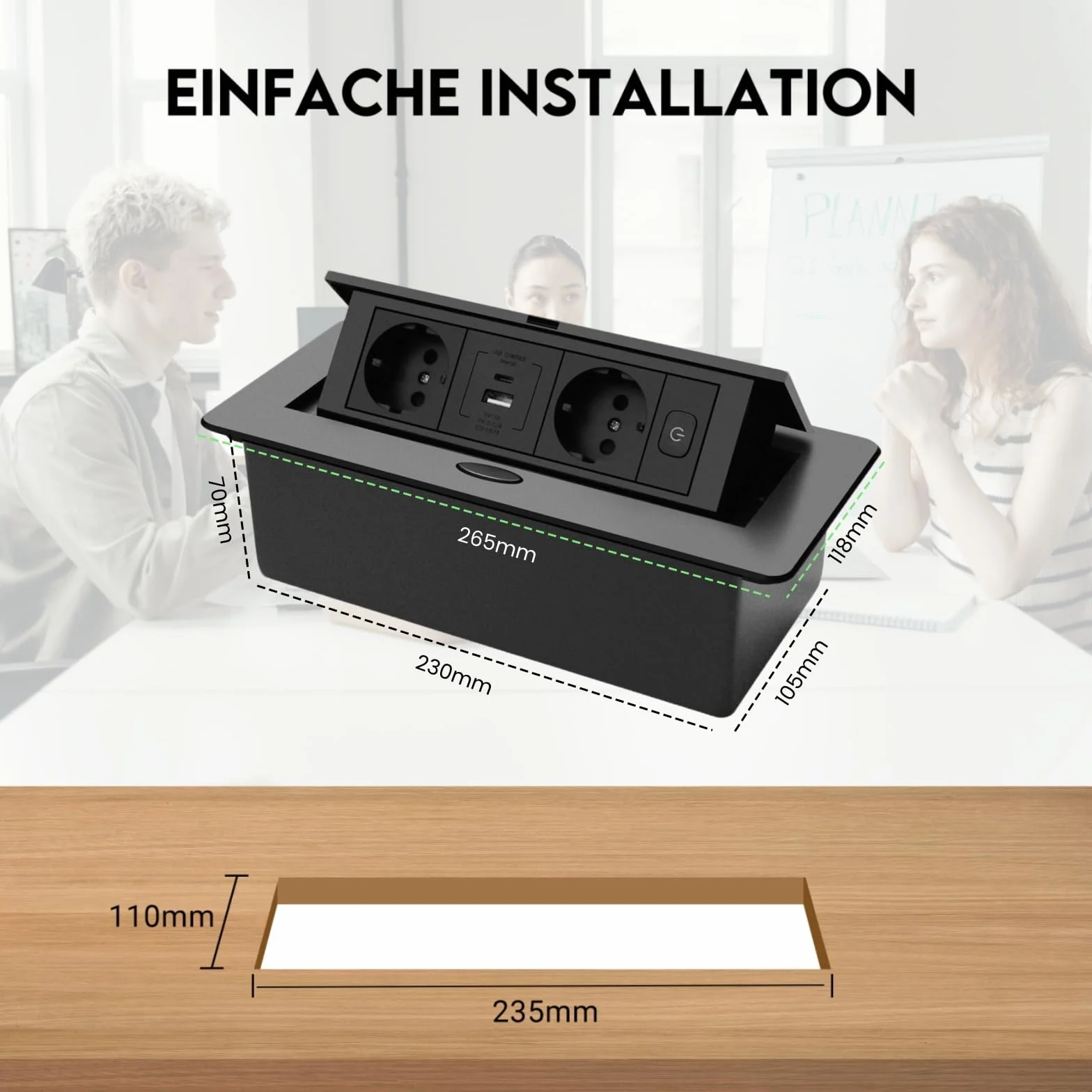 Wysuwane gniazdko na biurko, wpuszczane gniazdko do zabudowy, USB 3.0, typ C 20 W, szybkie ładowanie, Pop Up, zajmuje mało miejsca, do blatu roboczego, biura