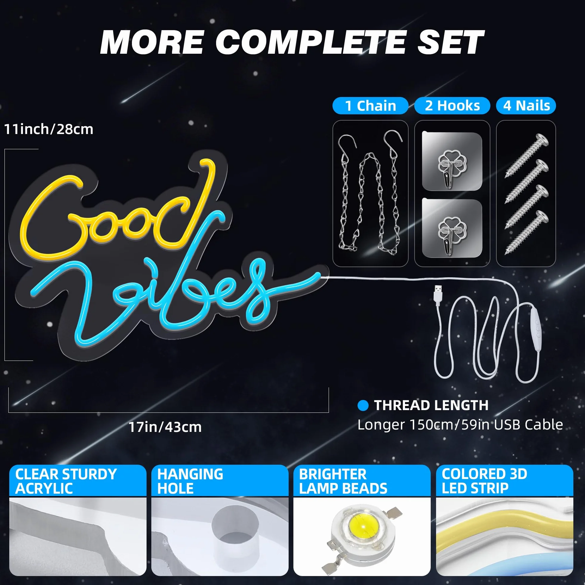 Eufrozy Neonowy znak świetlny Good Vibes, 43 x 28 cm, LED, napisana litera, sztuka ścienna, z przełącznikiem zasilanym przez USB, neonowa dekoracja do sypialni, baru, pubu, hotelu, klubu nocnego, na