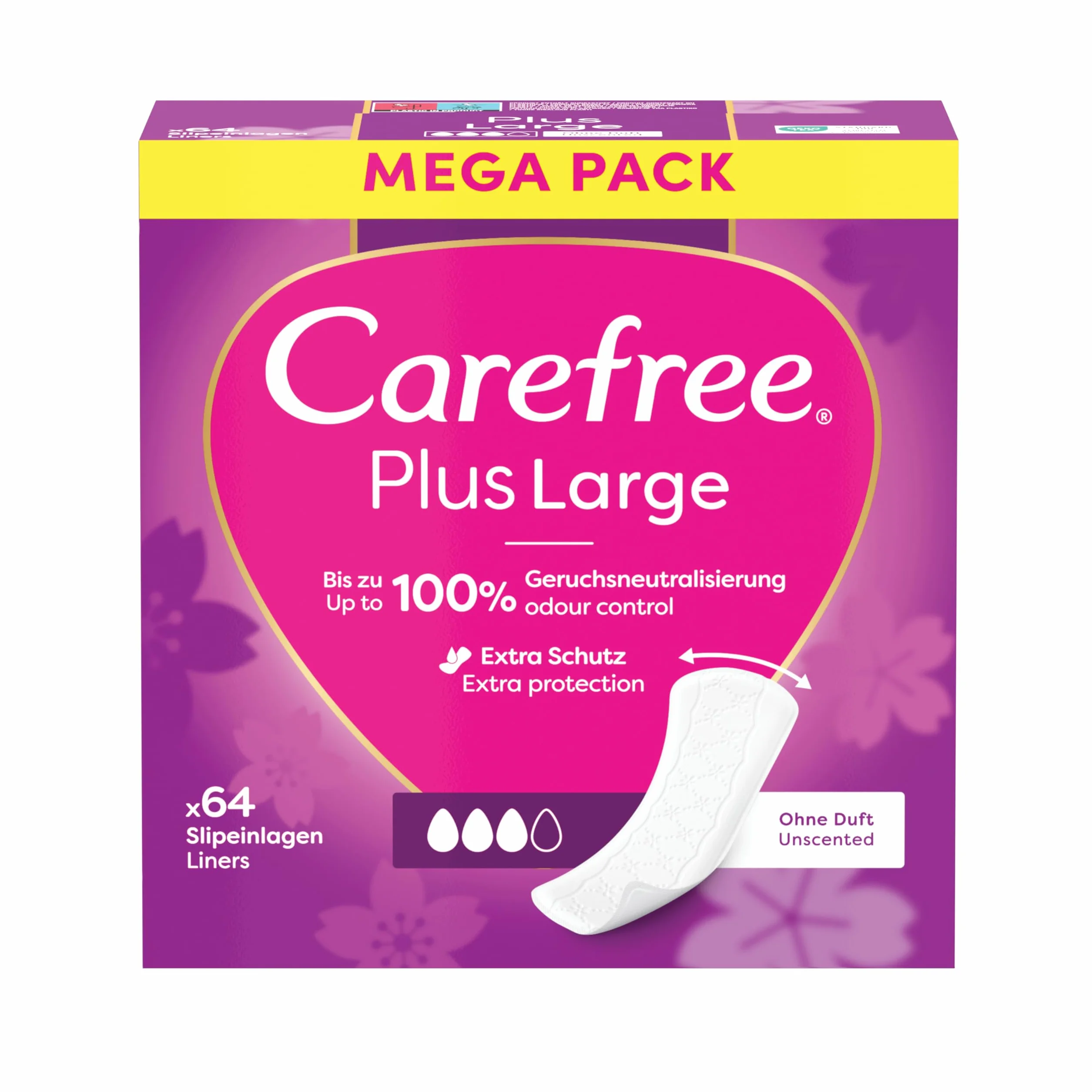 Carefree Plus Large 64 szt. szt. Wkładki higieniczne z wyjątkowo chłonnym wkładem. Zapewniają długotrwałą ochronę przed wilgocią i nieprzyjemnym zapachem.