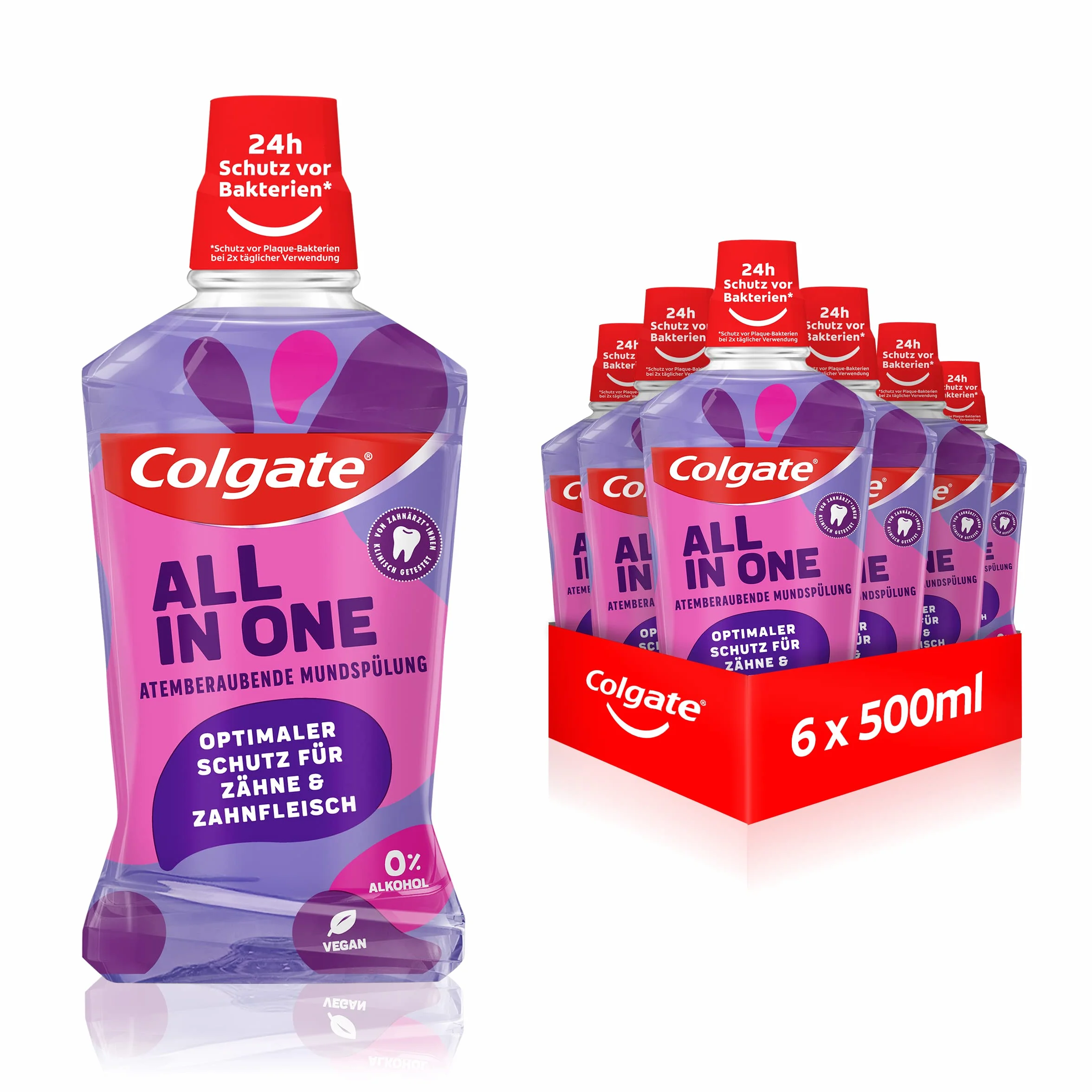 Colgate Płyn do płukania jamy ustnej All In one 6 x 500 ml – zapewnia natychmiastową i trwałą świeżość i ochronę przed próchnicą - antybakteryjne czyszczenie jamy ustnej i zębów bez alkoholu ** dla