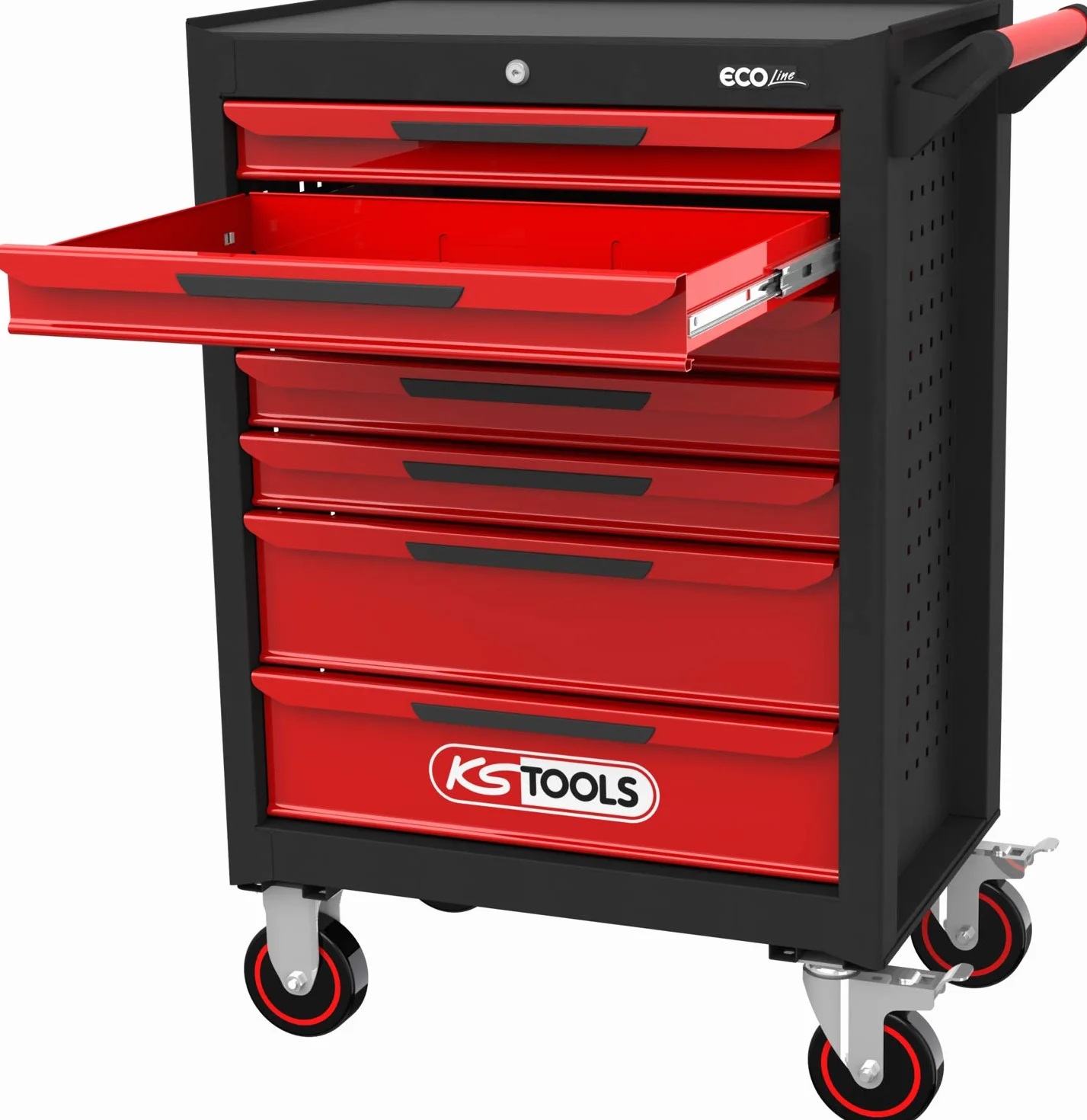 KS Tools 897.7598 ECOline CZARNY/CZERWONY wózek warsztatowy z 7 szufladami i zestawem narzędzi Premium, 598 części