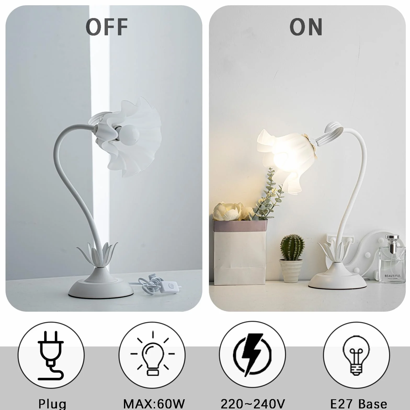 Biała lampa nocna, akrylowa lampa stołowa z kwiatami, metalowa lampka biurkowa dla dziewczynek, abażur z akrylu, wolno obrotowa lampa do sypialni, salonu, z trójkolorowym oświetleniem, 50 cm