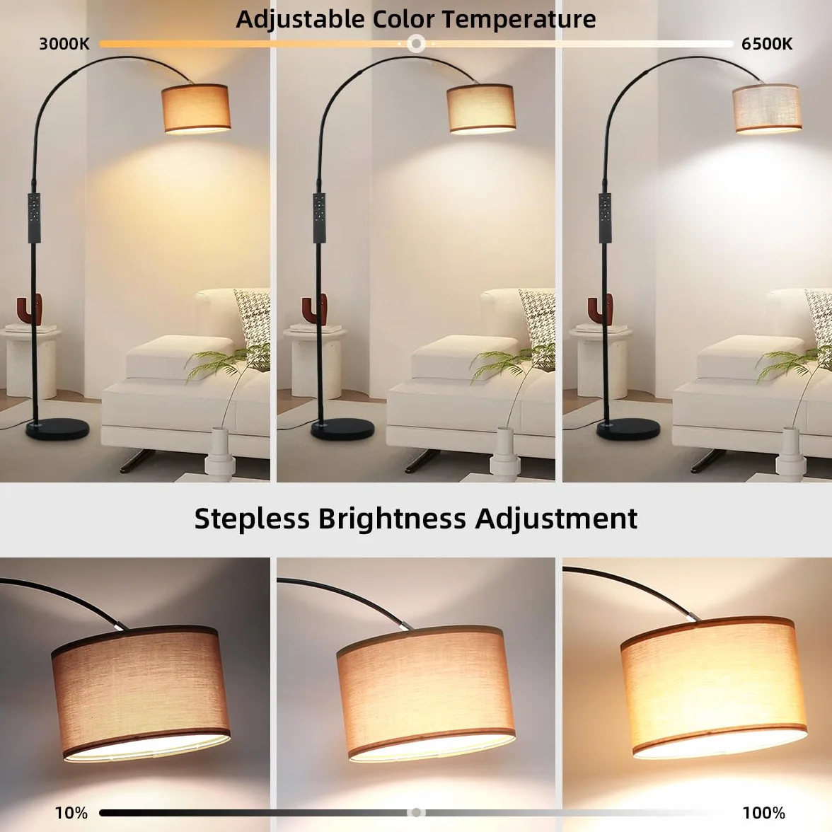 ANTENLICHT AURA Lampa łukowa z pilotem | Lampa stojąca do salonu z regulacją jasności | W zestawie żarówka LED E27 | Brązowy abażur z tkaniny 33 cm | Przełącznik nożny | Lampa łukowa w stylu vintage,
