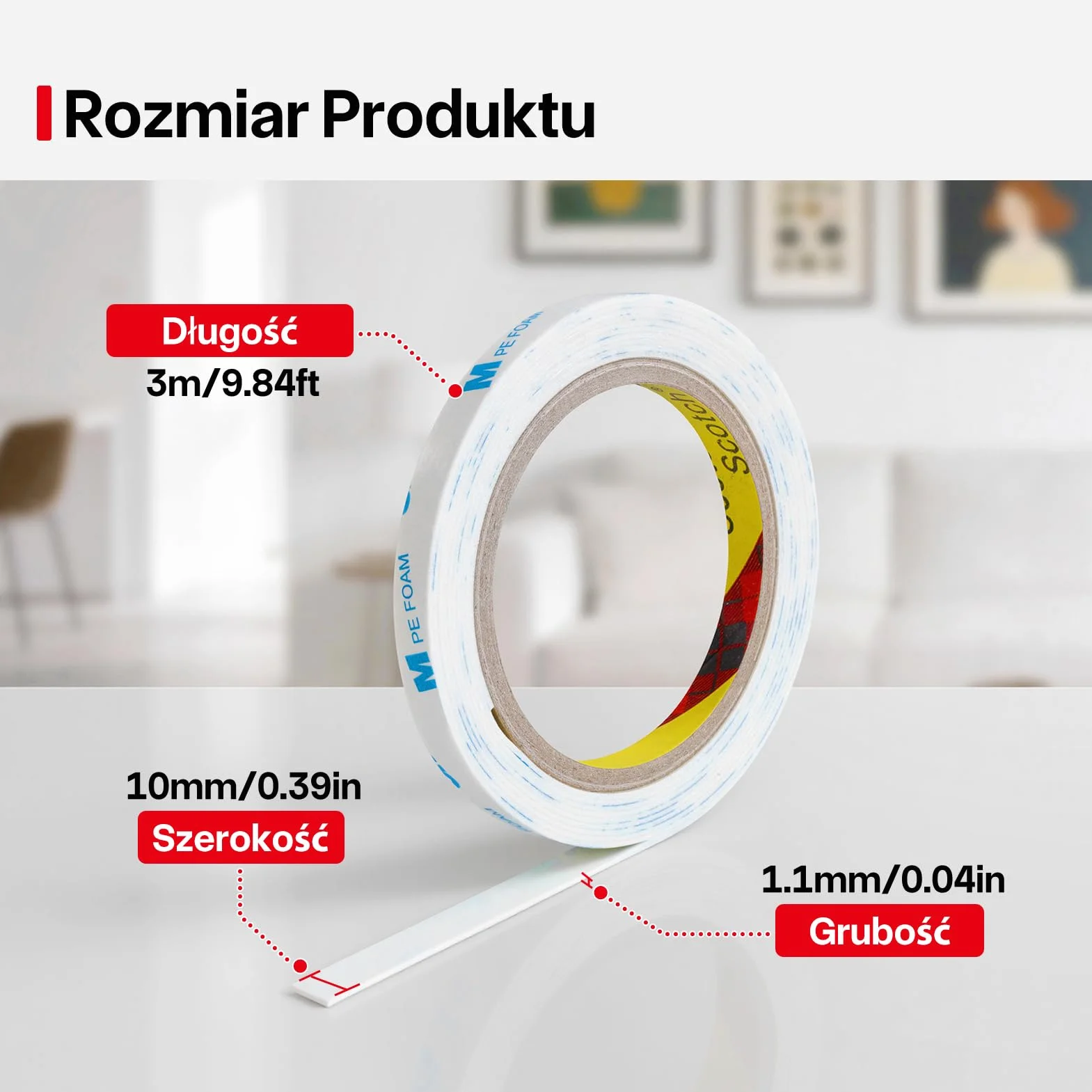 Tasma Dwustronna, 10 mm × 3 m Dwustronna Taśma Klejąca, 1600T PE - Extra Mocna Taśma Dwustronna, Wodoodporna Taśma Montażowa, Taśma Piankowa do Dekoracji Domu, Biura i Szkoły