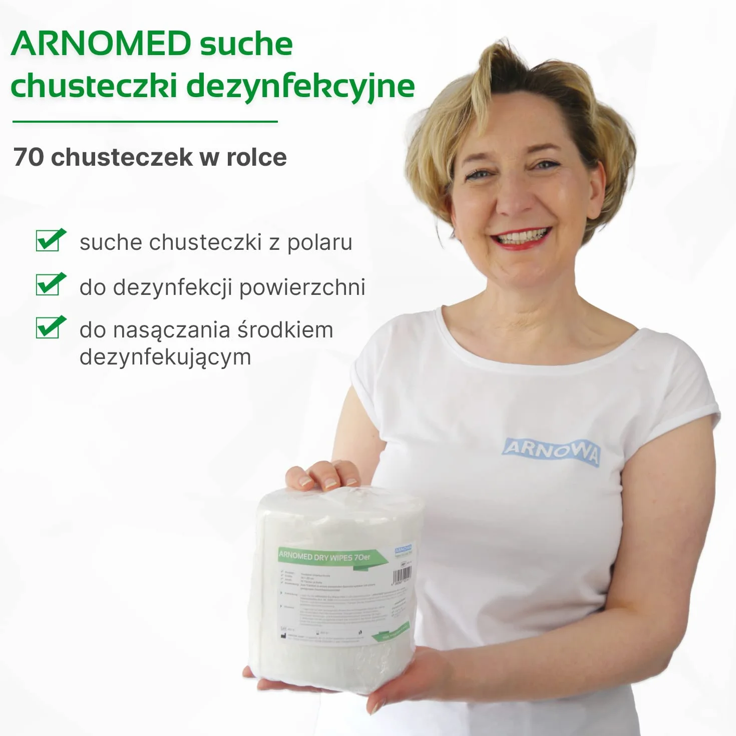ARNOMED suche chusteczki dezynfekcyjne, 70 arkuszy w rolce z włókniny, chusteczki do dezynfekcji i czyszczenia powierzchni, do stosowania w połączeniu z wiadrem z dozownikiem i środkiem dezynfekcyjnym