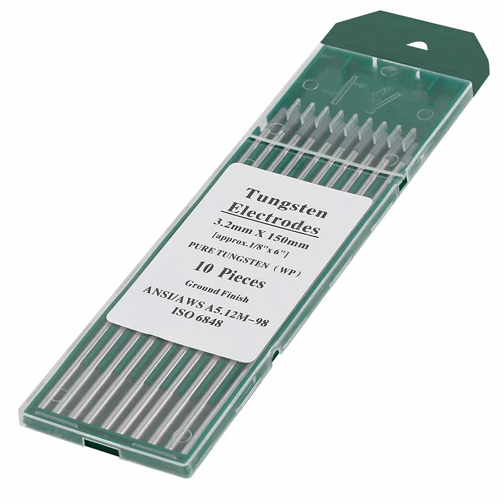 10 sztuk elektrod wolframowych do spawania TIG, 1,0 x 150 mm, czysty wolframowy WP, zielona końcówka, 250-400 A, do spawania AC-TIG ze stopu niklu, magnezu i aluminium