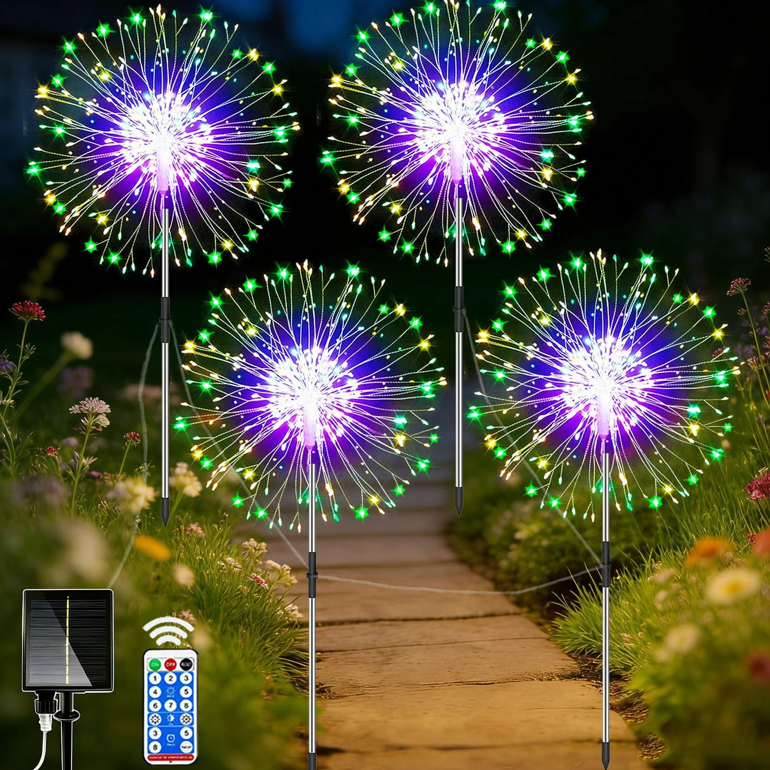 yowin Zestaw 4 lamp solarnych LED 120 diod, mniszek lekarski, 8 trybów, odporna na warunki atmosferyczne