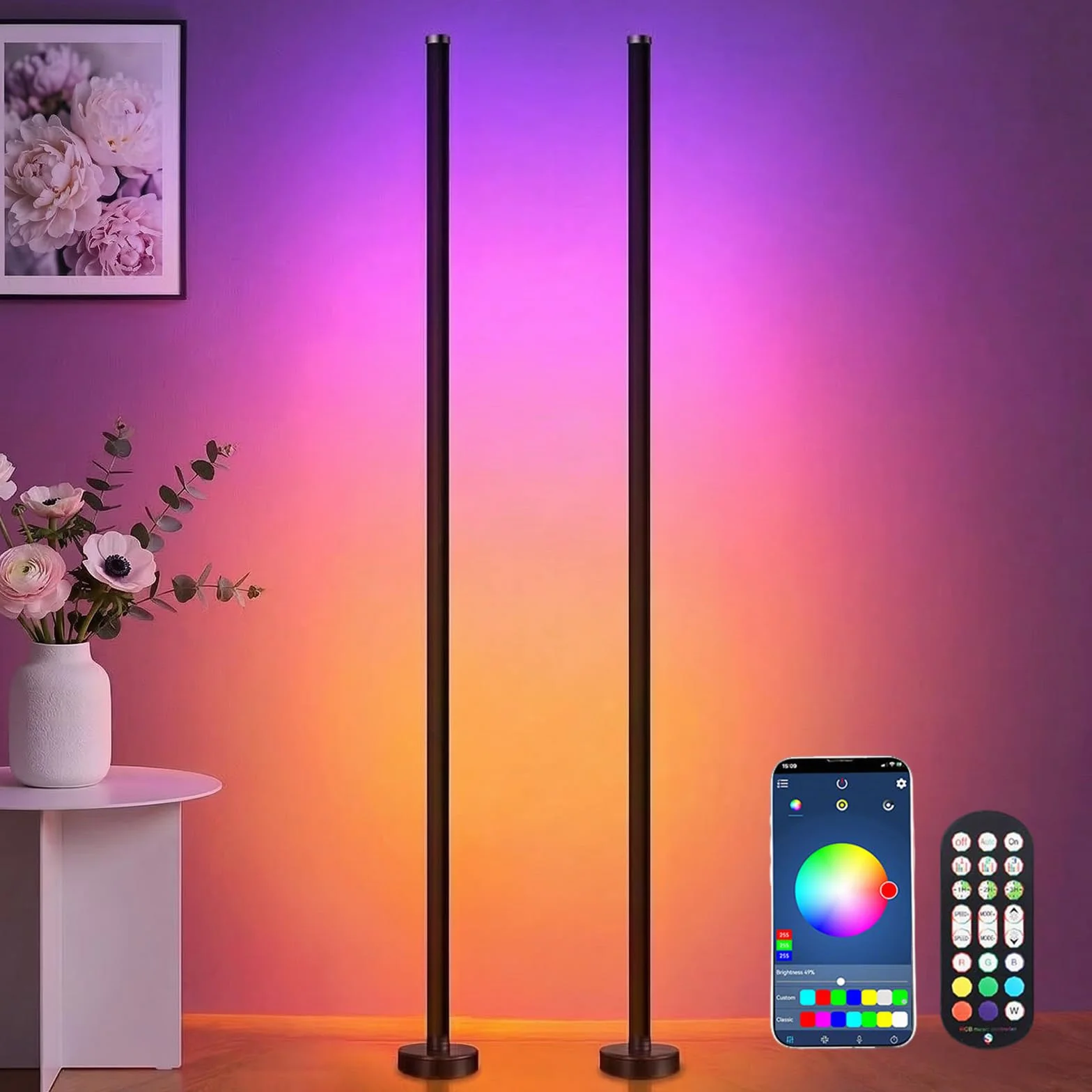 Zestaw 2 lamp stojących LED RGB, możliwość ściemniania, 120 cm, lampa narożna ze sterowaniem za pomocą aplikacji i pilotem zdalnego sterowania, synchronizacja muzyki i tryb DIY, nowoczesna