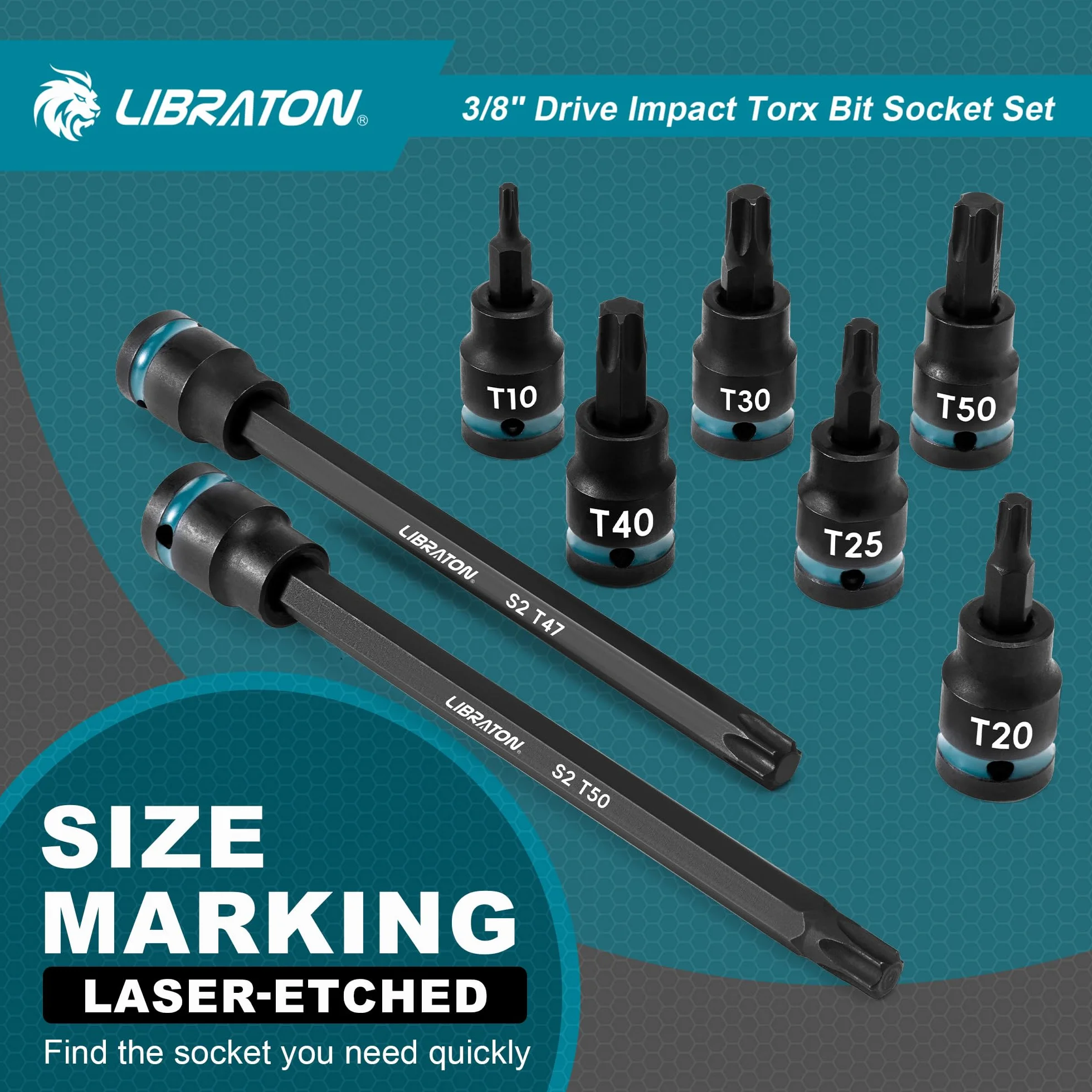 LIBRATON Zestaw nasadek bitowych i Torx 3/20,3 cm, bardzo długie gniazdo Torx, gniazda bitowe ze stali stopowej S2, T10-T60