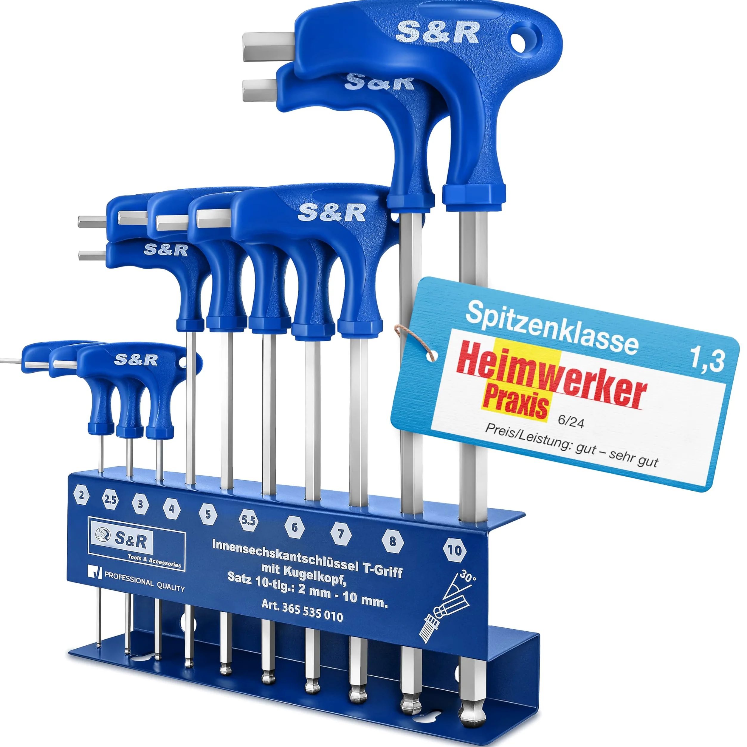 S&R Klucze imbusowe, zestaw kluczy sześciokątnych, HX, 10 szt. 2 mm - 10 mm, stal narzędziowa S2, z rękojeścią T, z główką kulistą, metalowy uchwyt narzędziowy, ekstra długi, metryczny