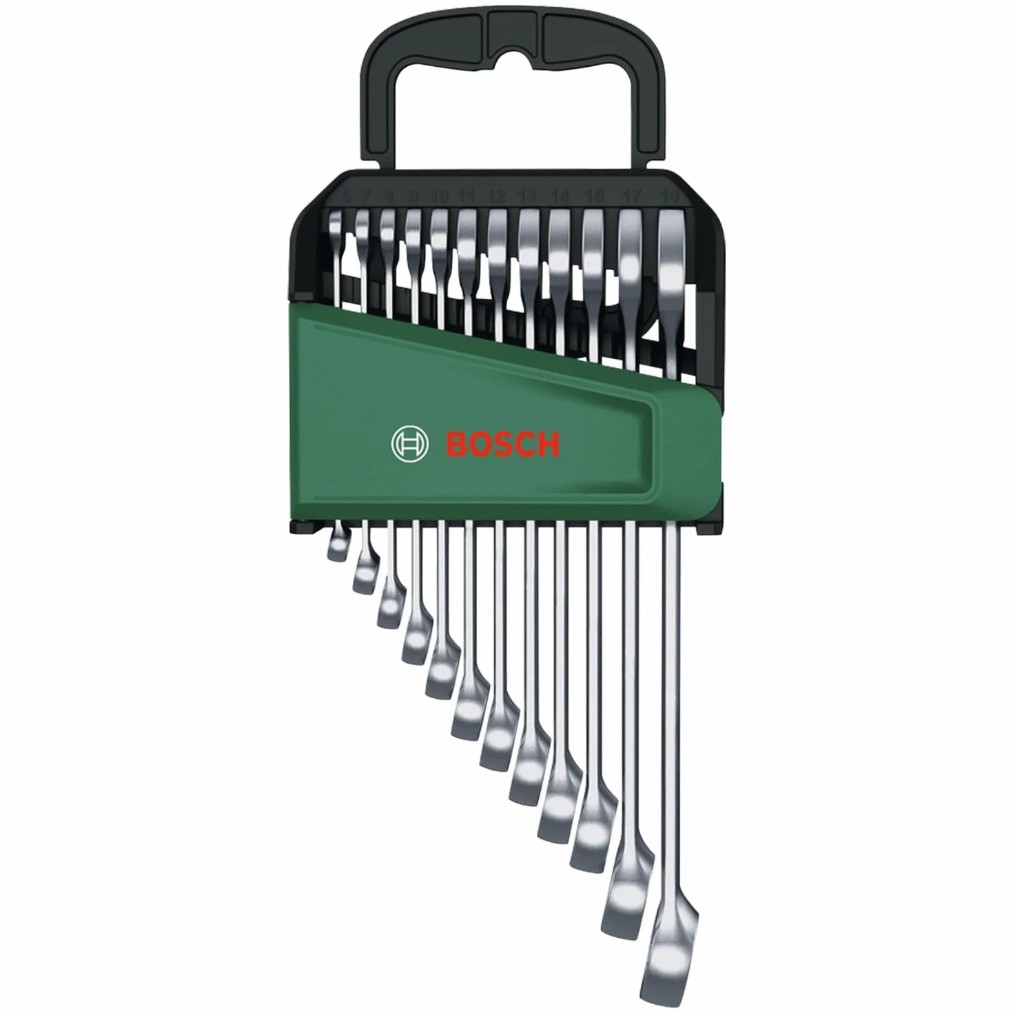 Bosch 12-częśc. zest. kluczy płasko-oczkowych (zest. wytrzymałych kluczy do uniw. zastosowań, stal chrom.-wanad., wys. moment obr., końcówka płaska i oczkowa, wymiary metr. 6–19 mm, ergon. konstr.)