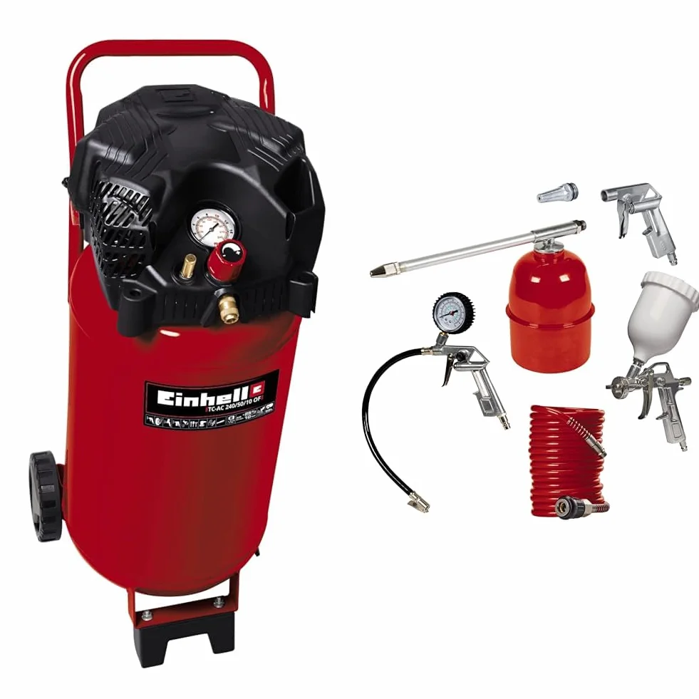 Einhell 4010393 Przenośna Sprężarka z Manometrem i Reduktorem Ciśnienia 1500 W 230 V Czerwony/Czarny 22,34 kg & Einhell Zestaw Narzędzi Pneumatycznych, Wielokolorowy, None None