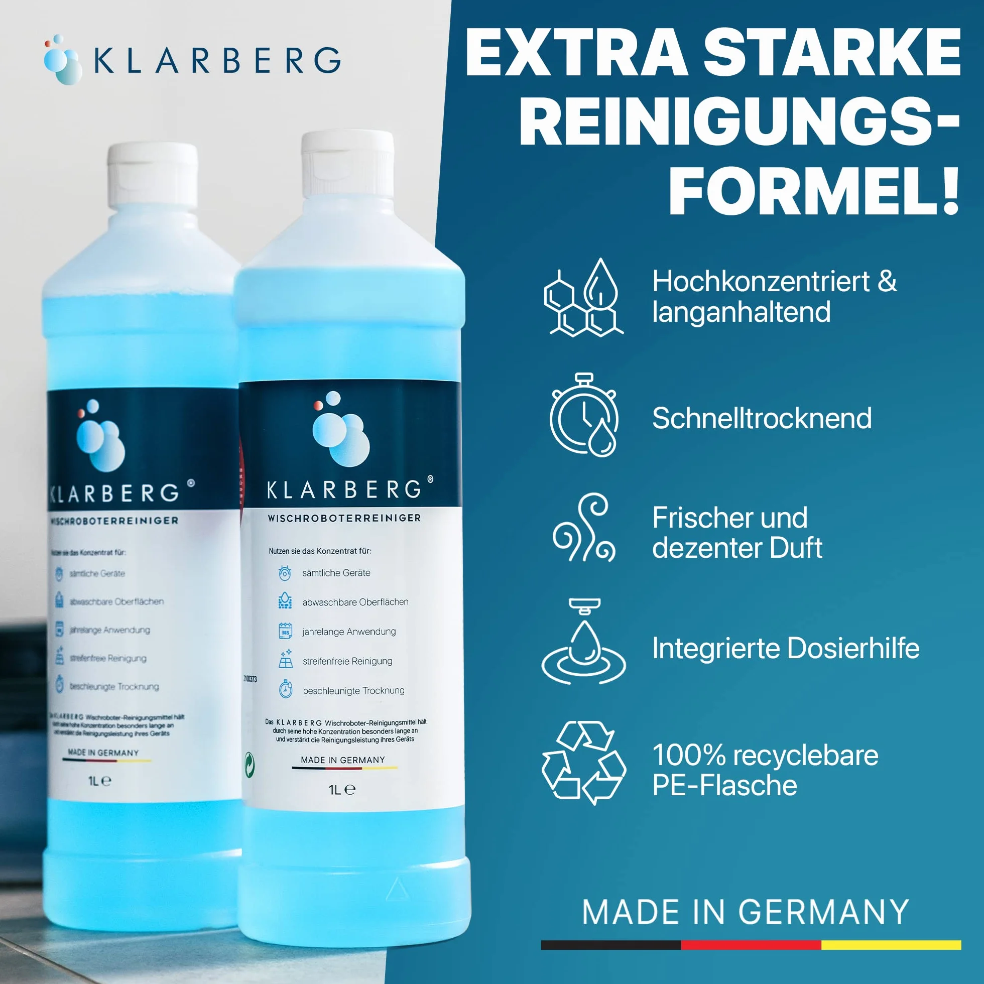 KLARBERG® 4 x 1 l środek do czyszczenia podłóg, koncentrat 1:100, świeży zapach z naszym środkiem czyszczącym do odkurzacza I środek czyszczący do robota odkurzającego, laminatu, płytek