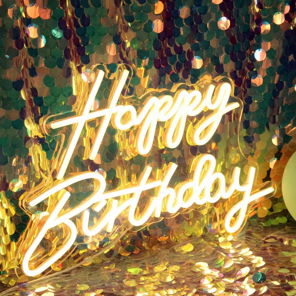 Neonowy znak LED „Happy Birthday”, nocny, dekoracja na przyjęcie urodzinowe, ciepły biały, zasilany przez USB, tło na przyjęcie, do sypialni, ścienny, 5 V